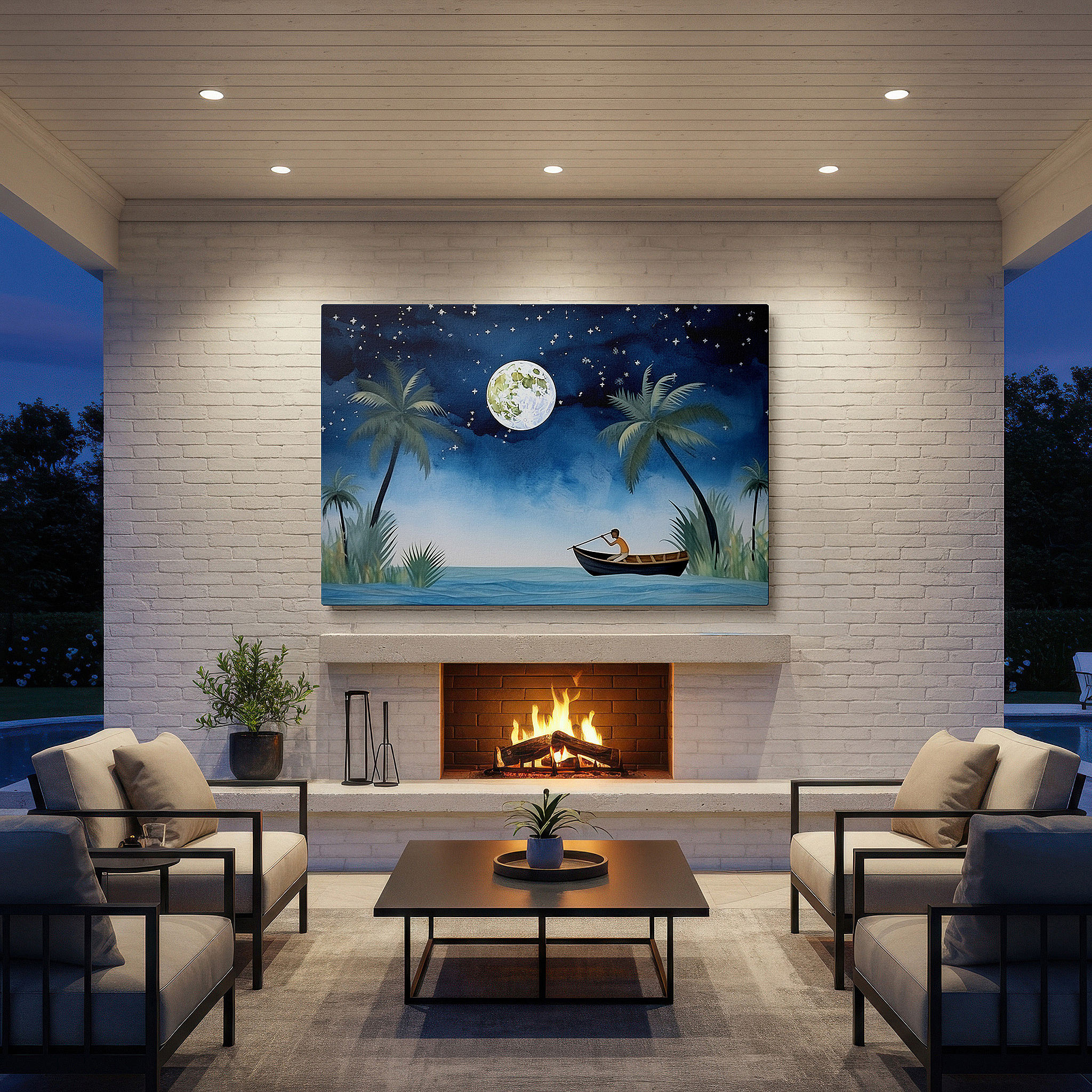 Aligned with a curated gallery wall of abstract artworks — moonlit serenity: solitary rower and silhouetted palms wall art - large canvas for office, bedroom, and living room decor