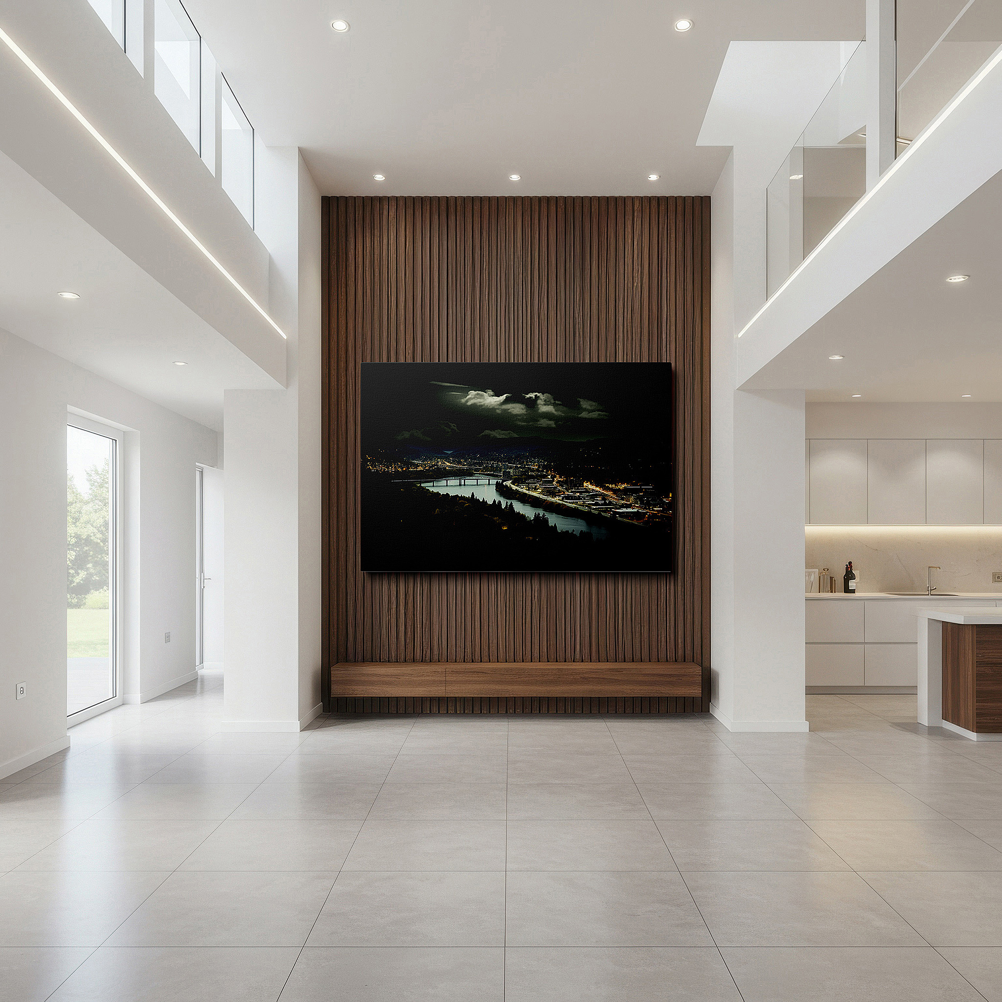 Aligned with a curated gallery wall of abstract artworks — moonlit tranquil river valley: a nocturnal blend of nature and urban elegance - large canvas wall art for home and office decor