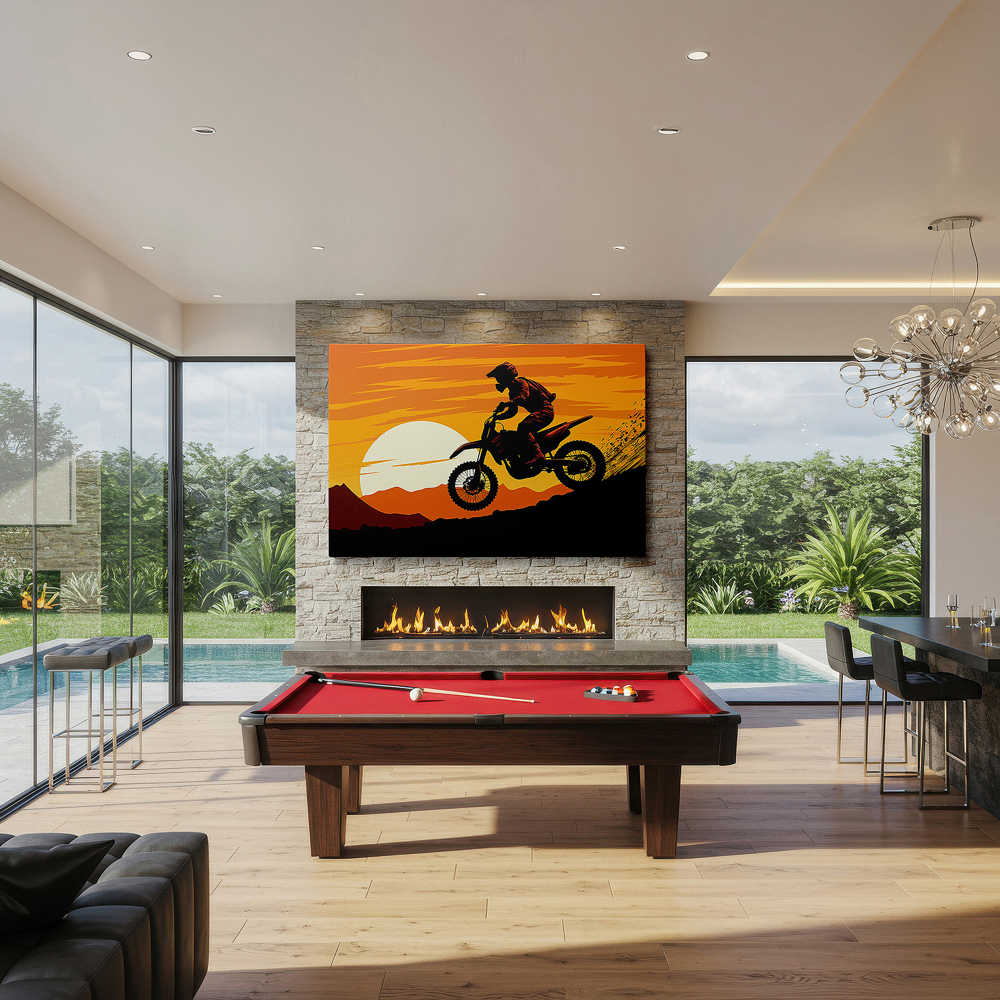 Aligned with a curated gallery wall of abstract artworks — motorcycle rider climbing towards a bright sunset, representing liberty and exploration, large canvas wall art for home and office decor