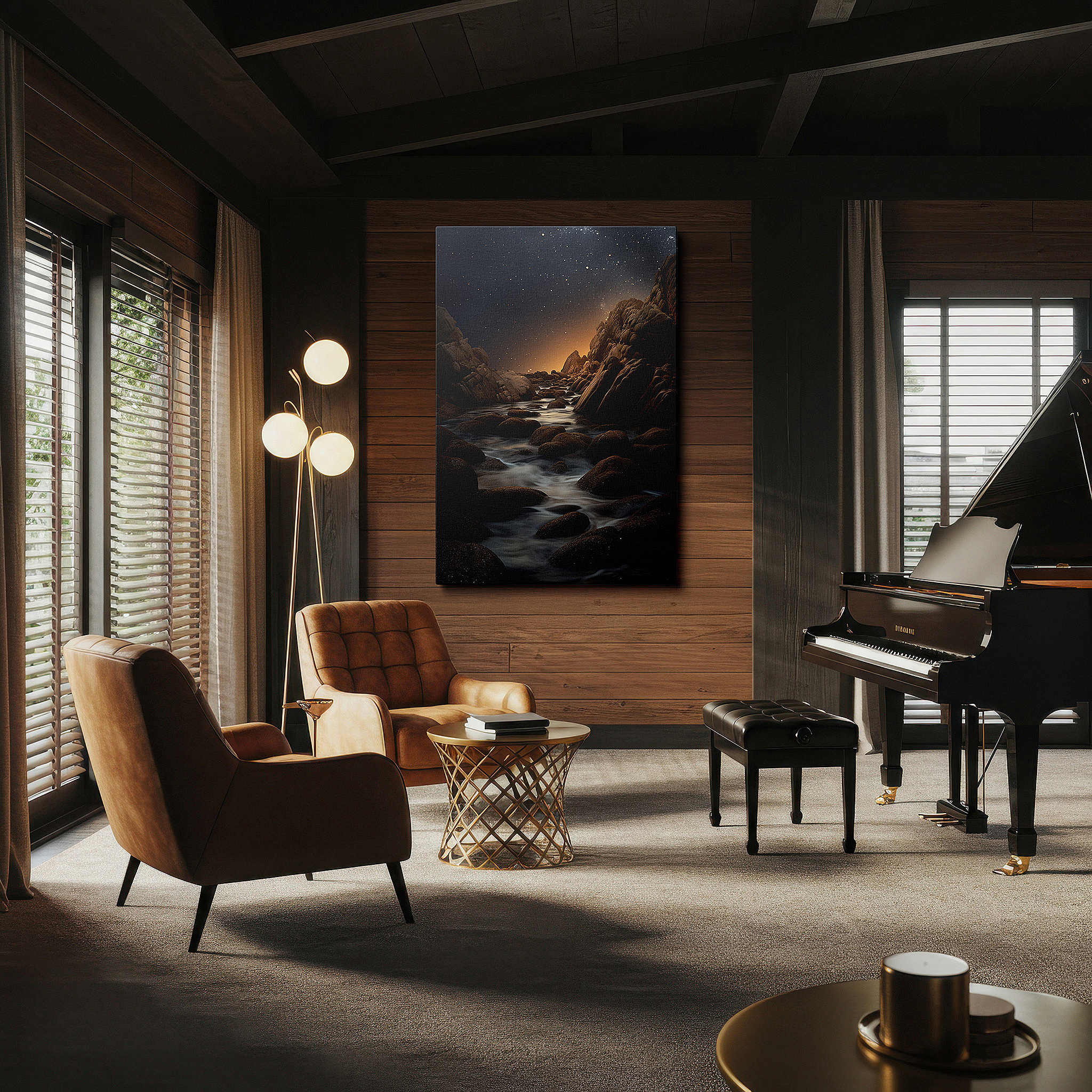 Aligned with a curated gallery wall of abstract artworks — mystical shoreline canvas art: rugged rocks and gentle waters under a starry sky - large wall decor for office