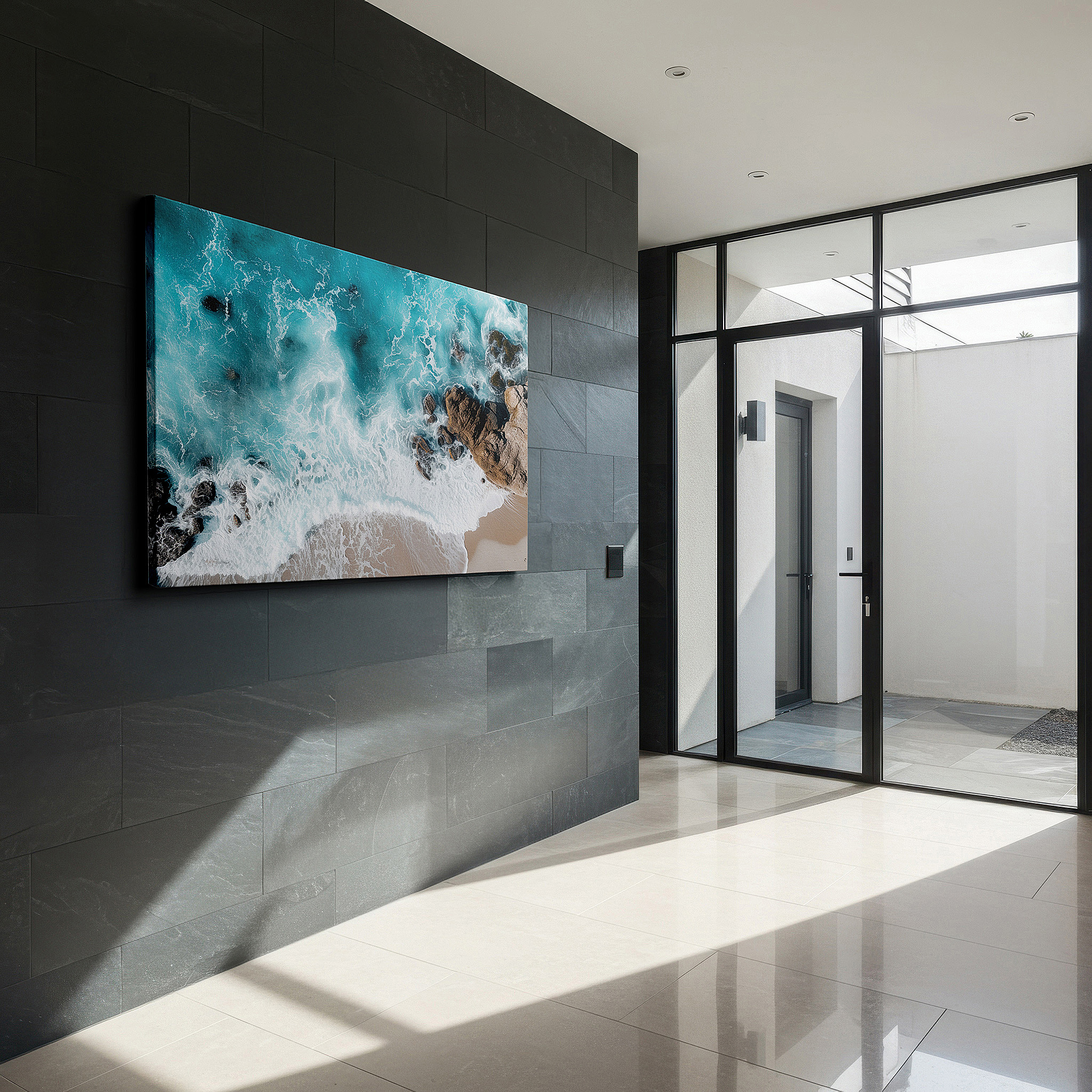 Aligned with a curated gallery wall of abstract artworks — ocean's fury: aerial waves crashing on rugged shoreline - large canvas wall art for office and bedroom decor