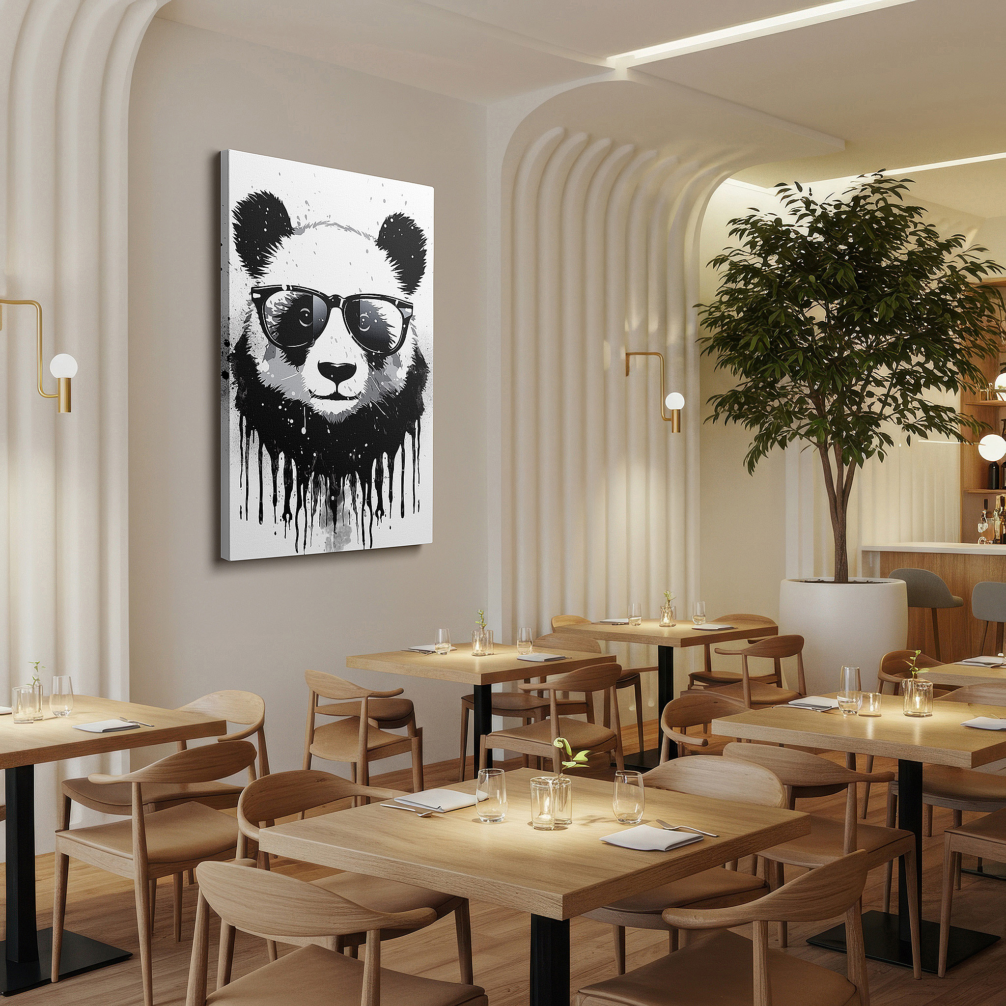 Aligned with a curated gallery wall of abstract artworks — panda in sunglasses canvas print with vibrant ink splashes, ideal for office, bedroom, and living room decor