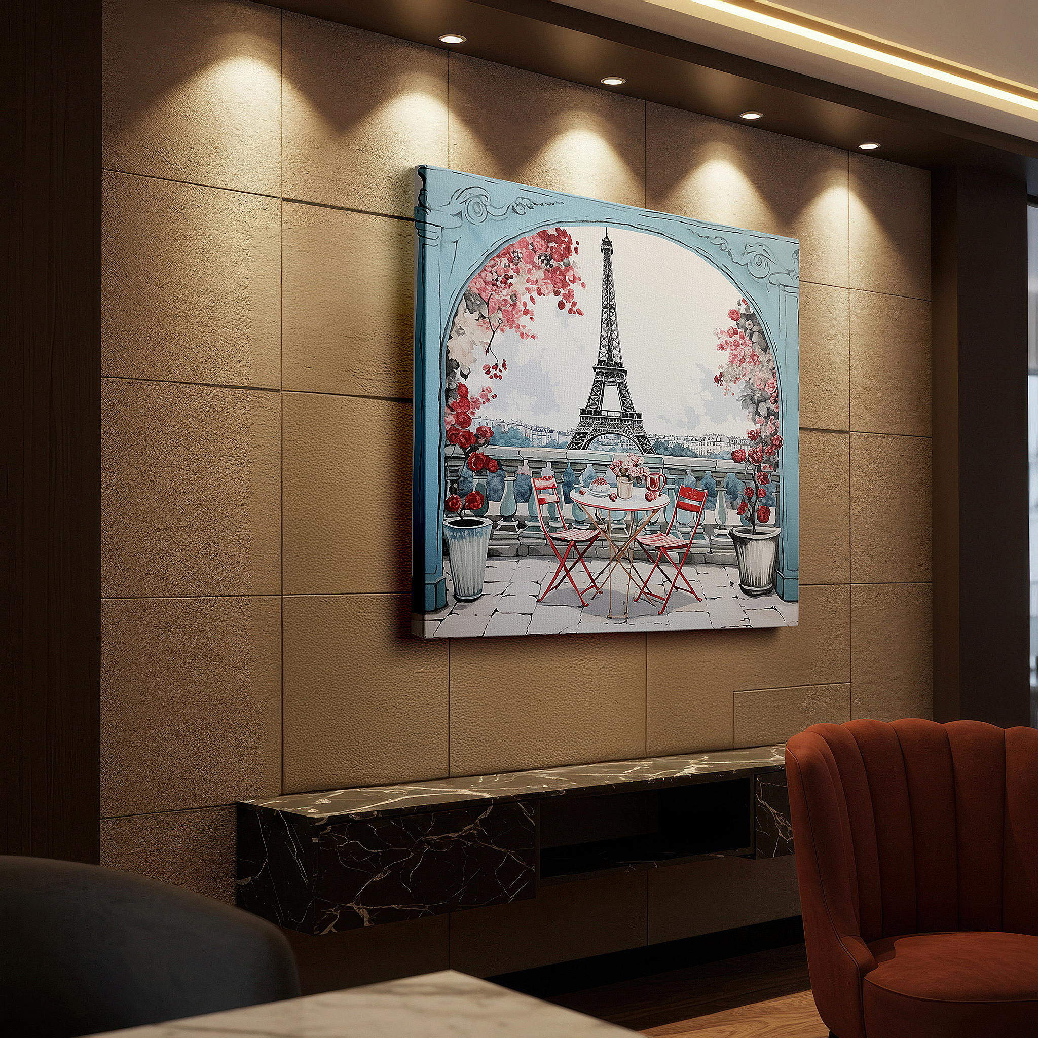 Aligned with a curated gallery wall of abstract artworks — parisian charm: lively café and eiffel tower wall art, canvas decor for home and office
