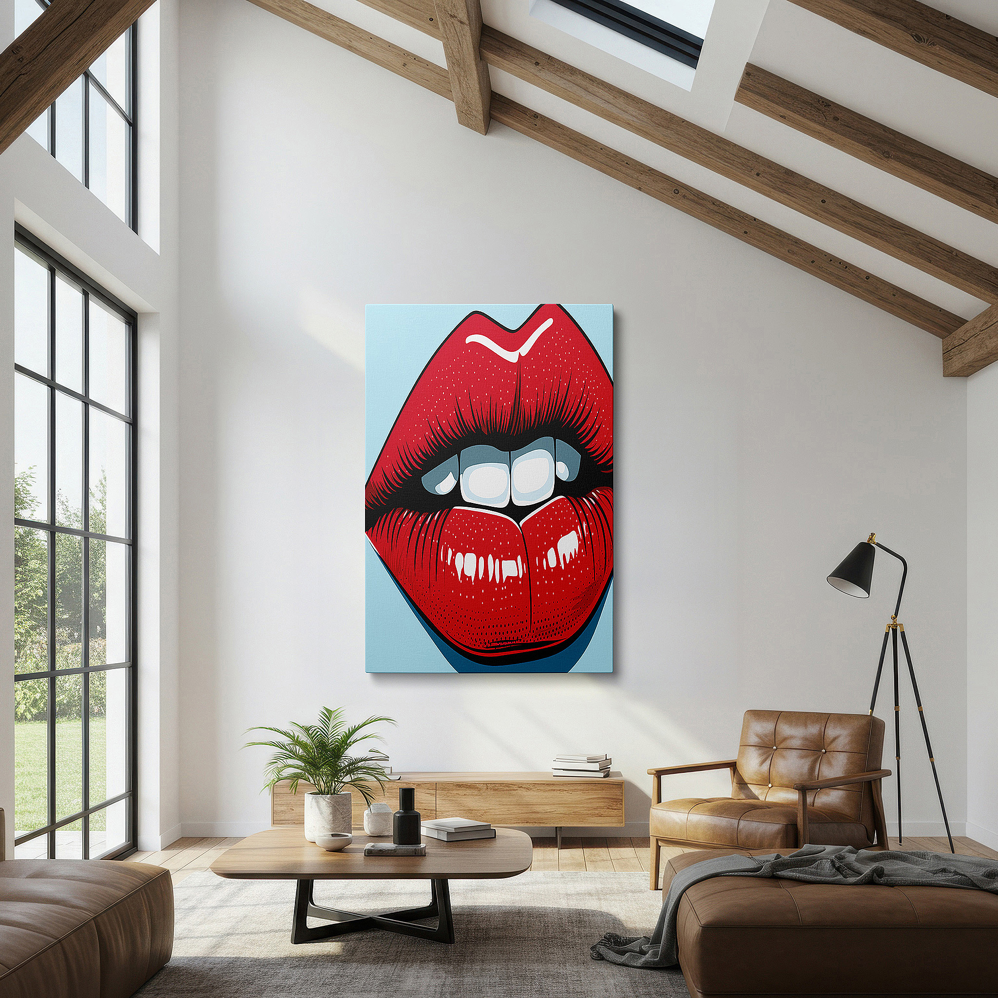 Aligned with a curated gallery wall of abstract artworks — plush red lips symbolize beauty and confidence: ideal for modern decor, large canvas wall art for offices and bedrooms