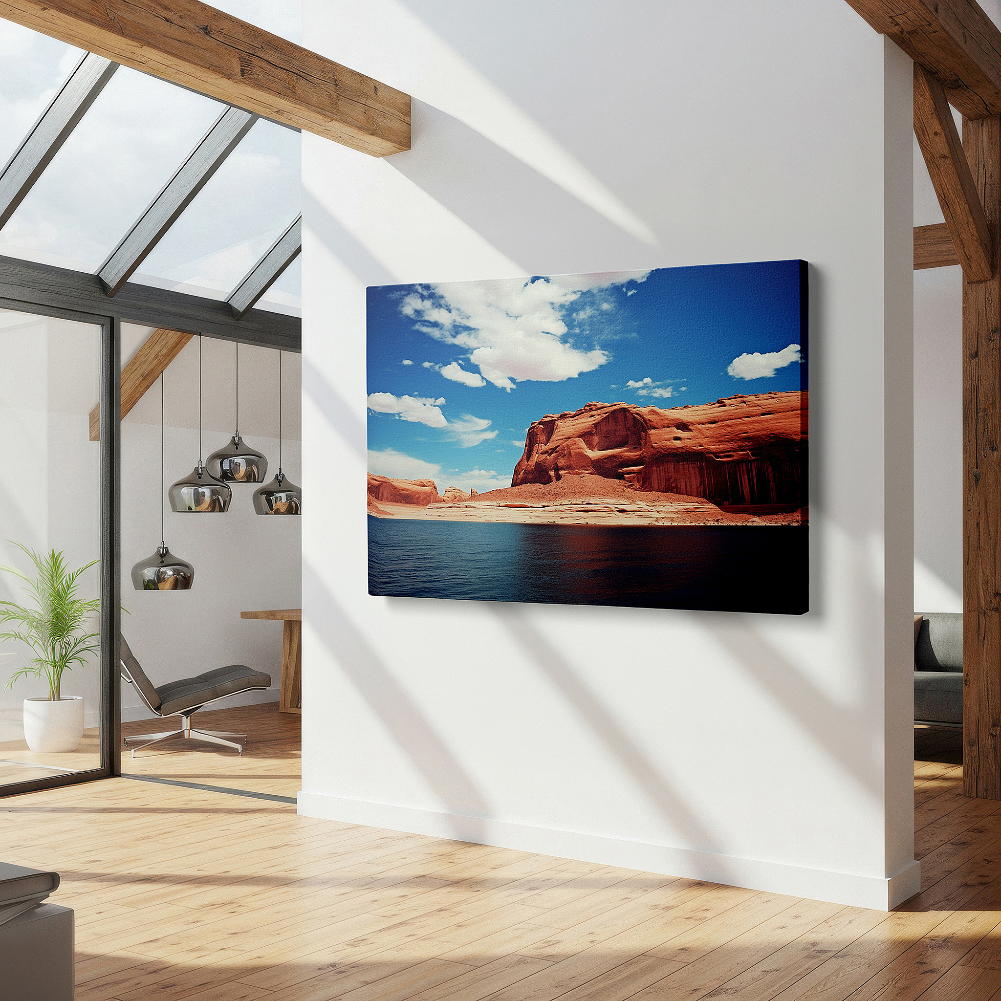 Aligned with a curated gallery wall of abstract artworks — red rocks and reflective waters under a blue sky large canvas wall art for office and bedroom decor