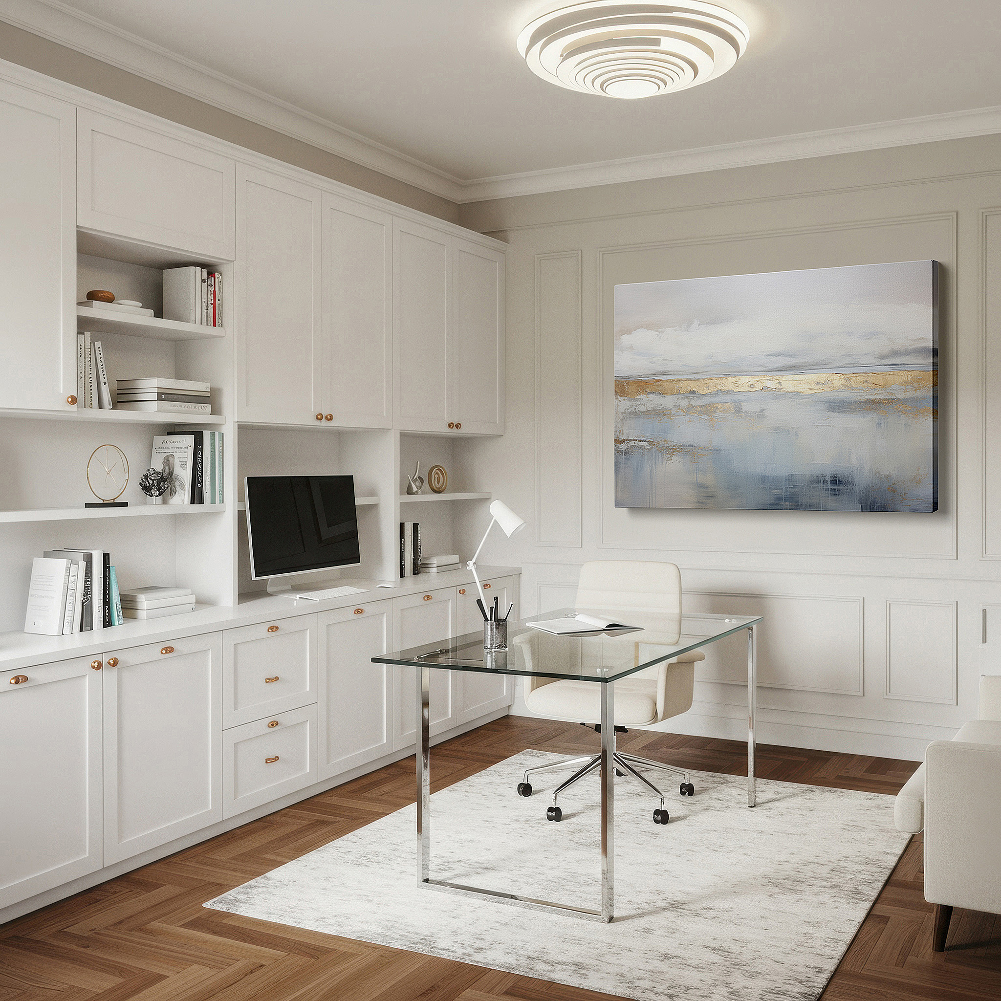 Aligned with a curated gallery wall of abstract artworks — serene abstract landscape canvas with soft blues and golden accents, large wall art for office, bedroom, and living room decor
