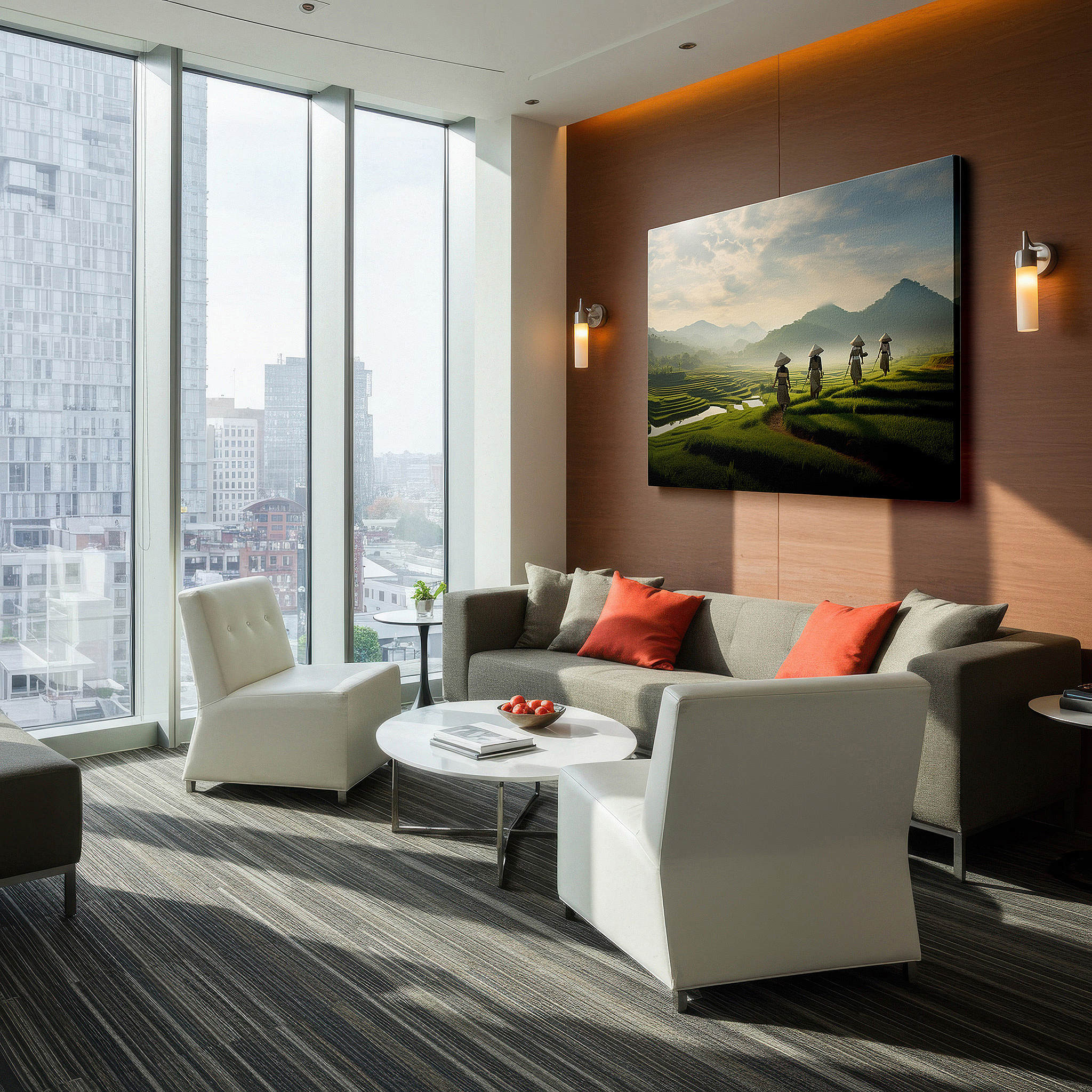 Aligned with a curated gallery wall of abstract artworks — serene depiction of countryside living and connection with nature in verdant rice terraces wall art, suitable for office and bedroom decor