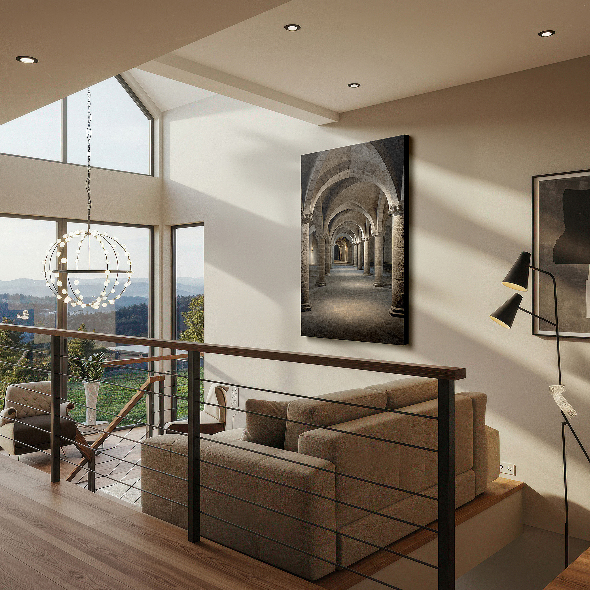 Aligned with a curated gallery wall of abstract artworks — serene journey through majestic stone arches: a sanctuary of light and shadow - large canvas wall art for office and bedroom decor