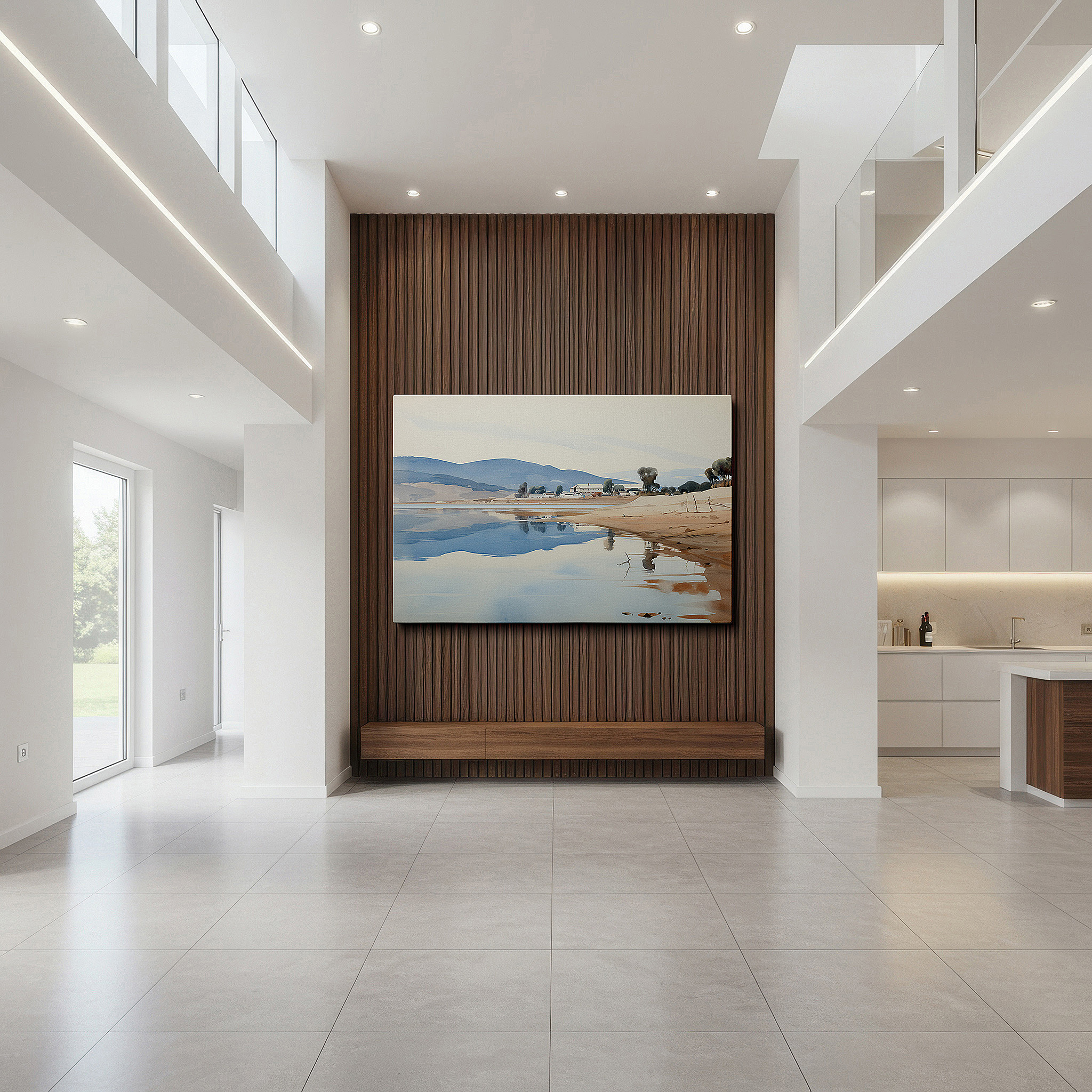 Aligned with a curated gallery wall of abstract artworks — serene lakeside at dawn: ethereal reflections of soft hues in tranquil waters - large canvas wall art for office and bedroom decor
