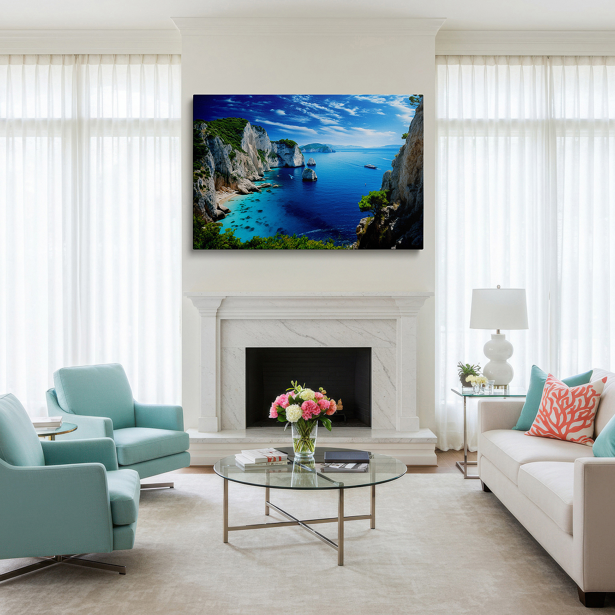 Aligned with a curated gallery wall of abstract artworks — serene seaside day: majestic cliffs and tranquil waters - large wall art for living room, bedroom, or office decor