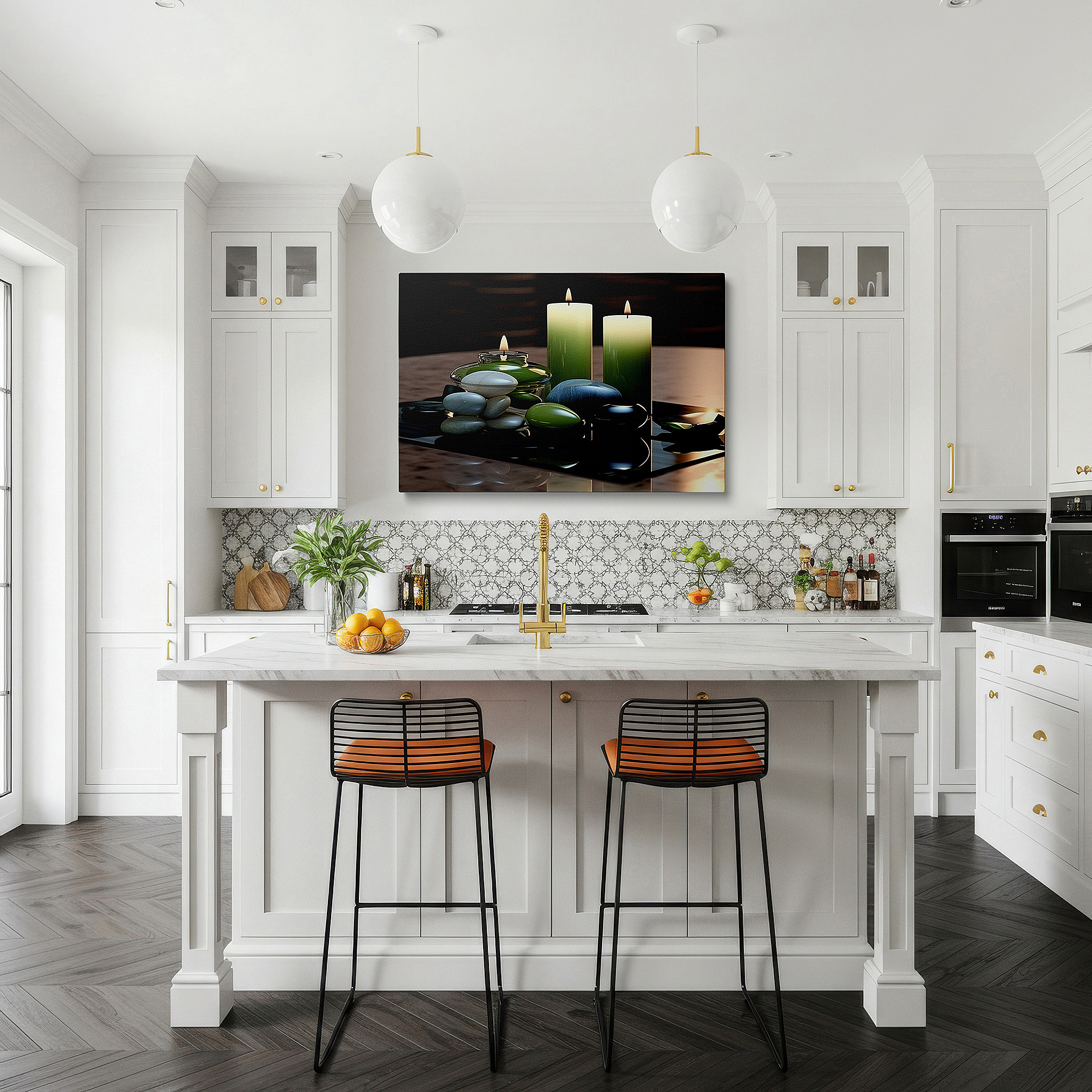 Aligned with a curated gallery wall of abstract artworks — serene still life featuring polished stones and flickering candlelight - large canvas wall art for office and bedroom decor
