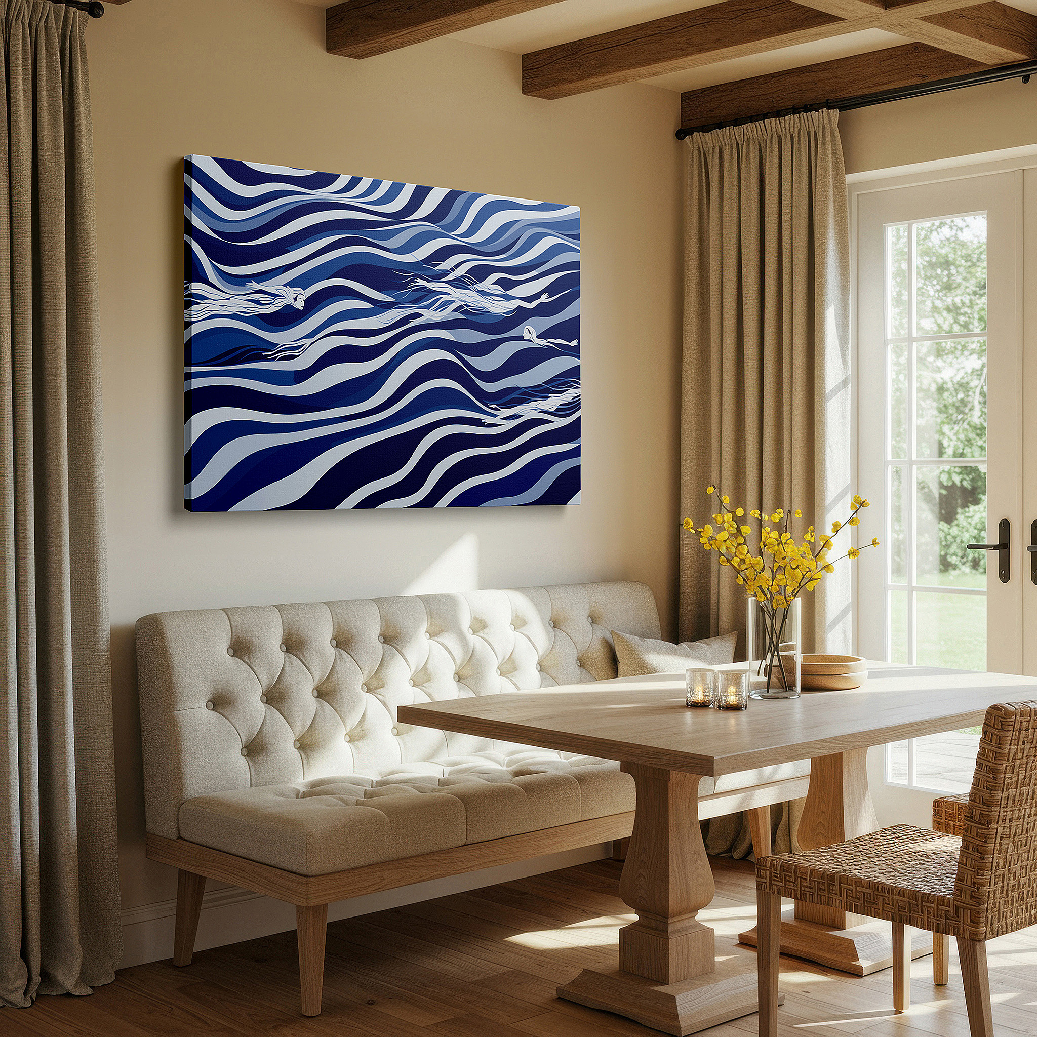Aligned with a curated gallery wall of abstract artworks — serene swimmers in blue waves: a tranquil abstract depicting movement and freedom - large wall art, canvas wall art, wall decor for office and bedroom