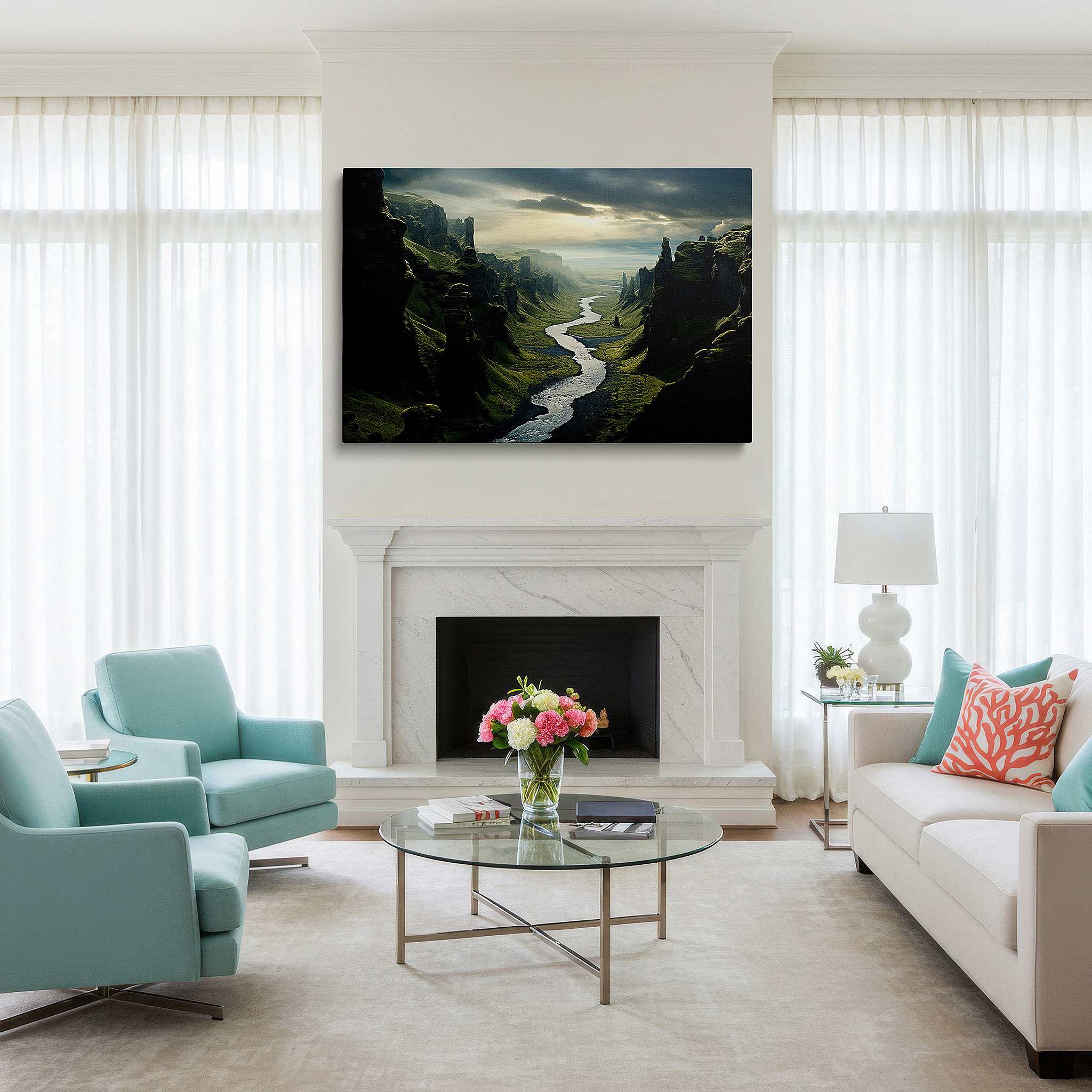 Aligned with a curated gallery wall of abstract artworks — serene valley scene with tranquil river, towering cliffs, and lush greenery - large canvas wall art for office decor