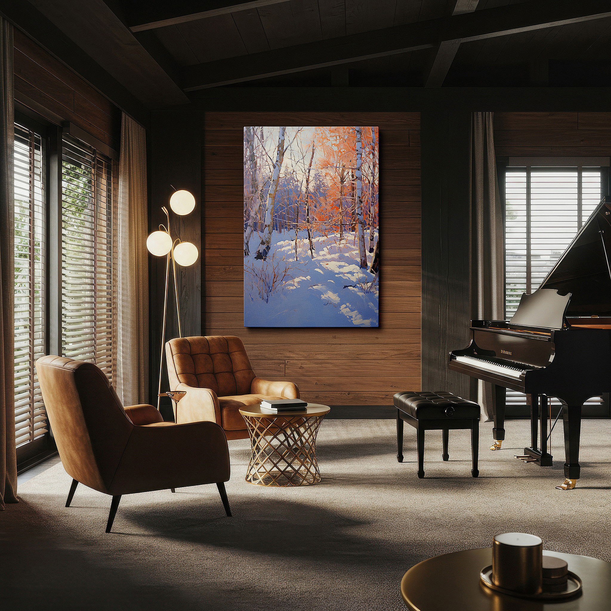 Aligned with a curated gallery wall of abstract artworks — serene winter forest in sunlight snow large wall art, canvas wall decor, office wall decor, bedroom wall decor, living room wall art