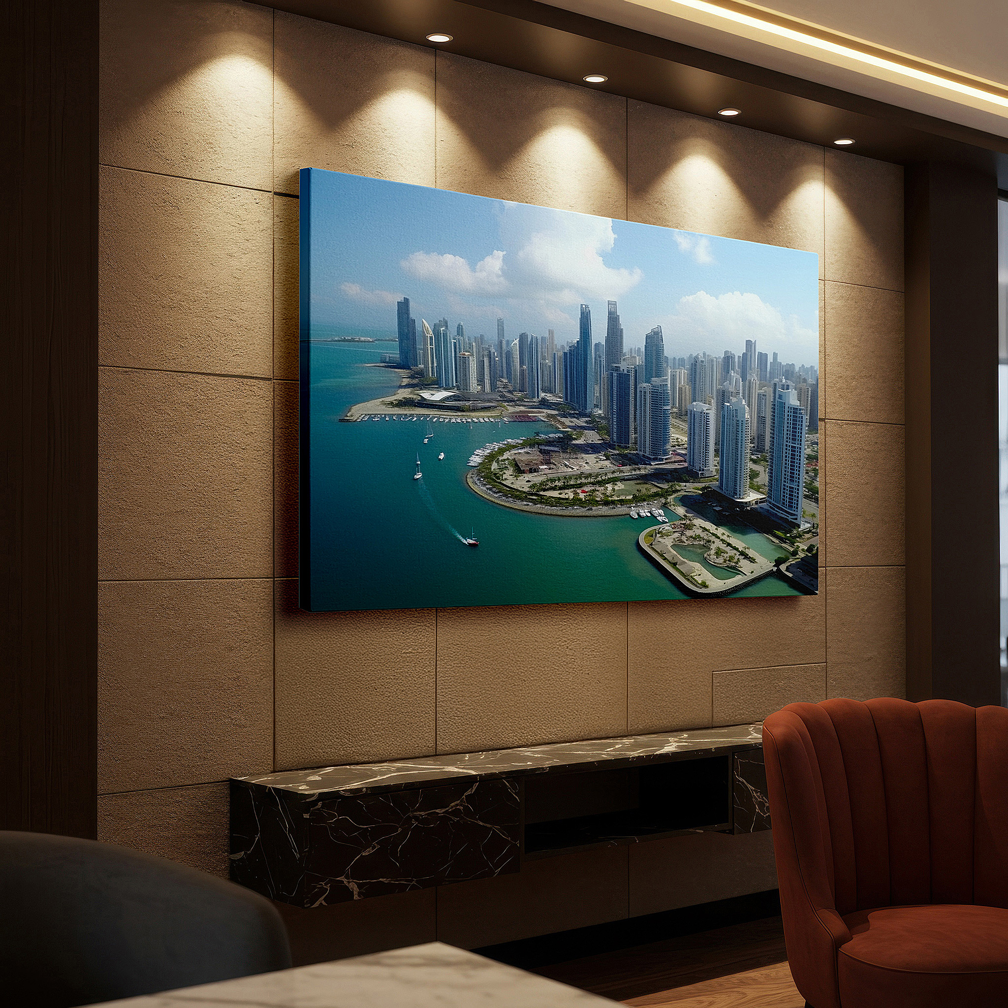 Aligned with a curated gallery wall of abstract artworks — skyscraper symphony: urban brilliance and architectural mastery - large canvas wall art for office decor