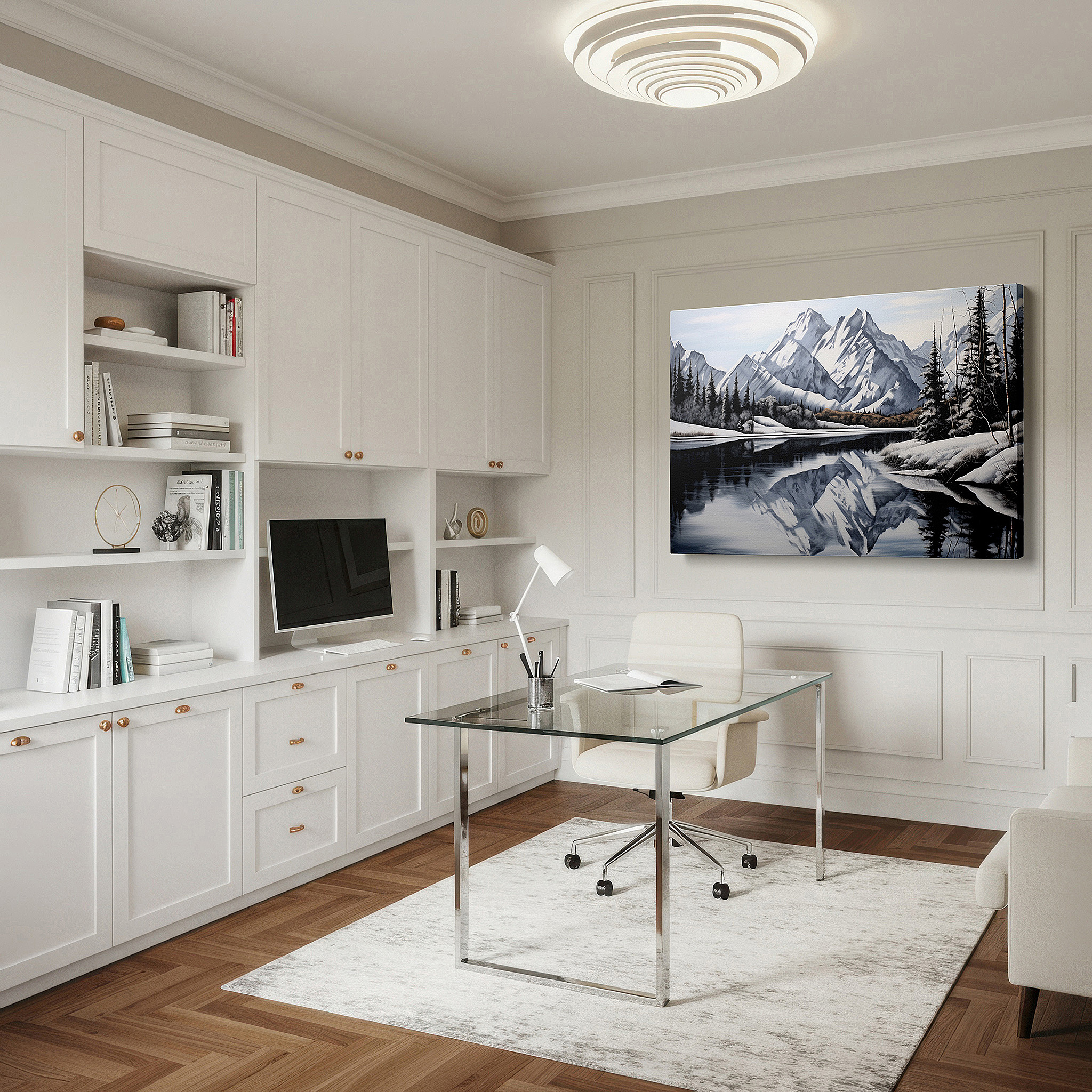 Aligned with a curated gallery wall of abstract artworks — snow-capped mountain and reflective lake large canvas wall art for office, bedroom, and living room decor