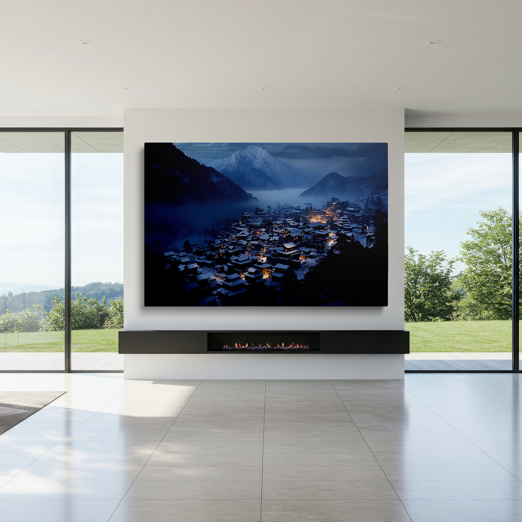 Aligned with a curated gallery wall of abstract artworks — snowy serene mountain village, tranquil night with warm glowing lights, large canvas wall art for office and bedroom decor