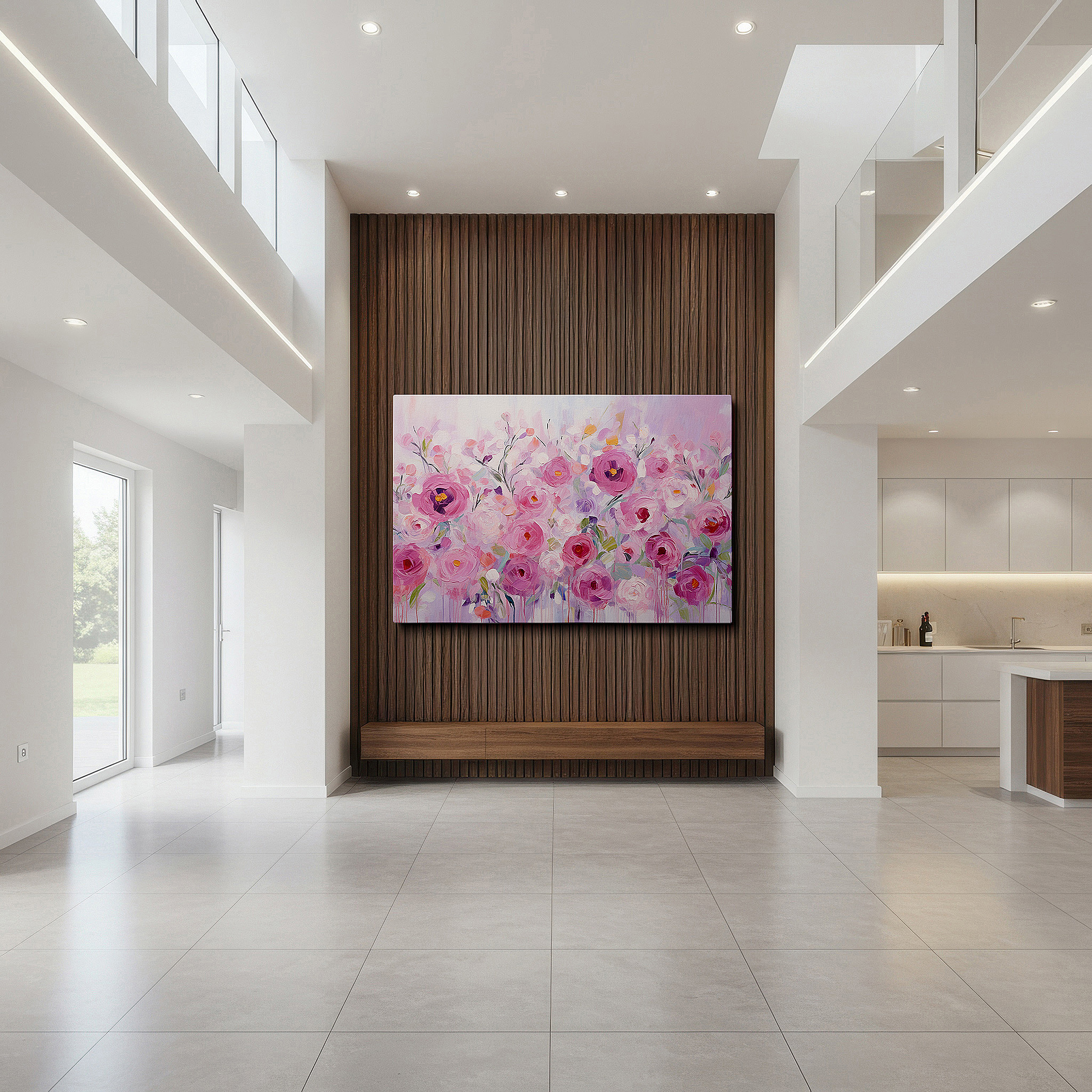 Aligned with a curated gallery wall of abstract artworks — soft pink roses symphony and abstract elegance: serene nature and innovation large wall art, canvas wall art, wall decor for office