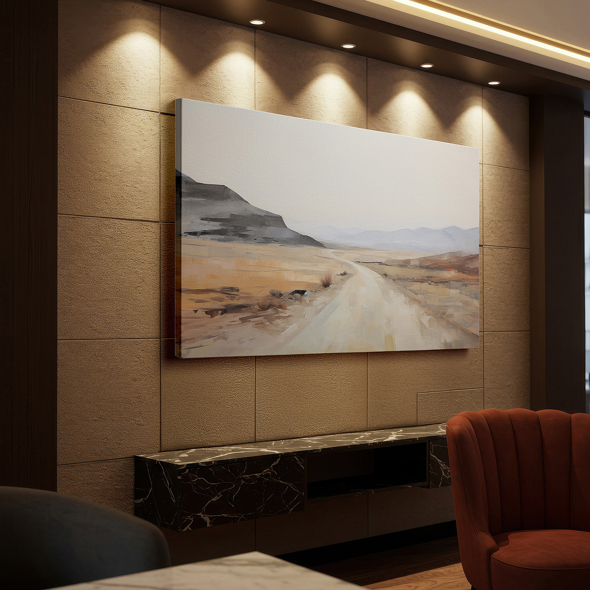 Aligned with a curated gallery wall of abstract artworks — solitary reflections in a tranquil landscape: large canvas wall art for office, bedroom, and living room decor