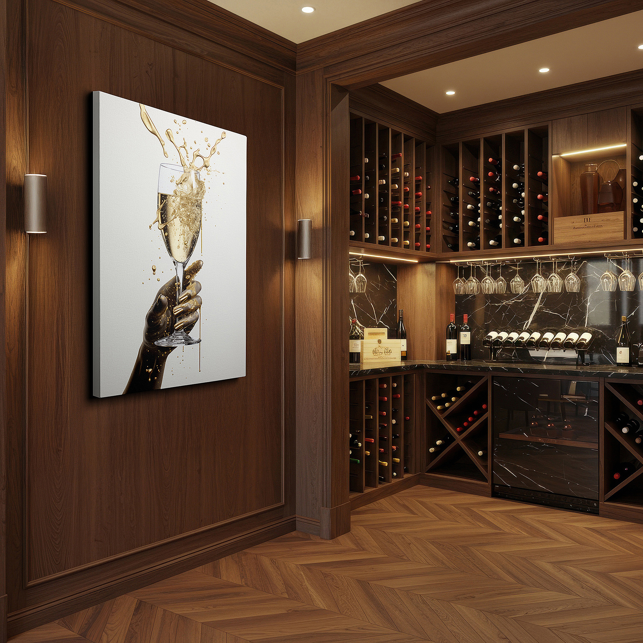 Aligned with a curated gallery wall of abstract artworks — sophisticated wall art featuring a sculpted hand holding a champagne glass - large canvas art for home and office decor, ideal for living rooms and bedrooms