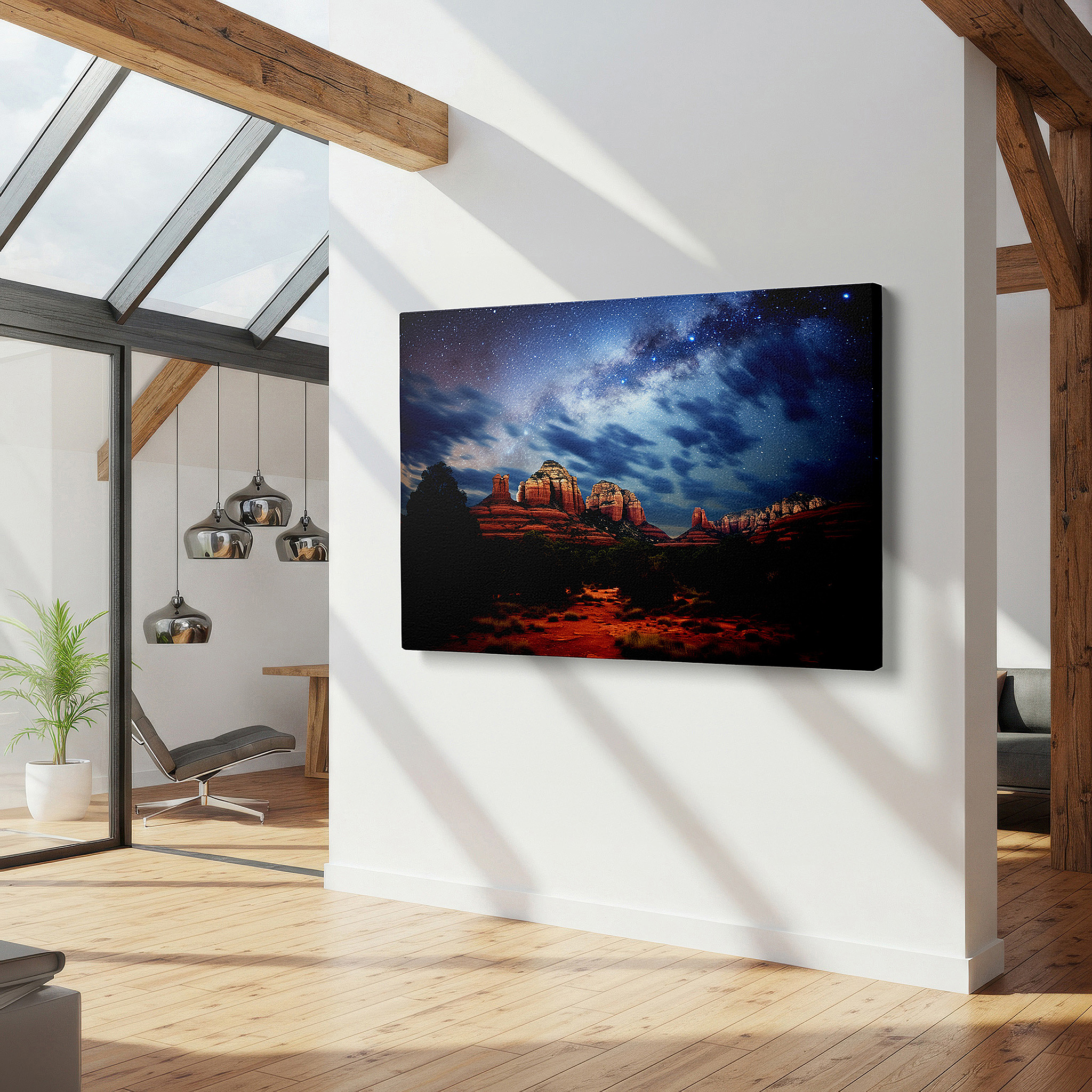 Aligned with a curated gallery wall of abstract artworks — starry skies over sedona's red rocks - serene earth and cosmos fusion large wall art, canvas wall art, wall decor for office and bedroom