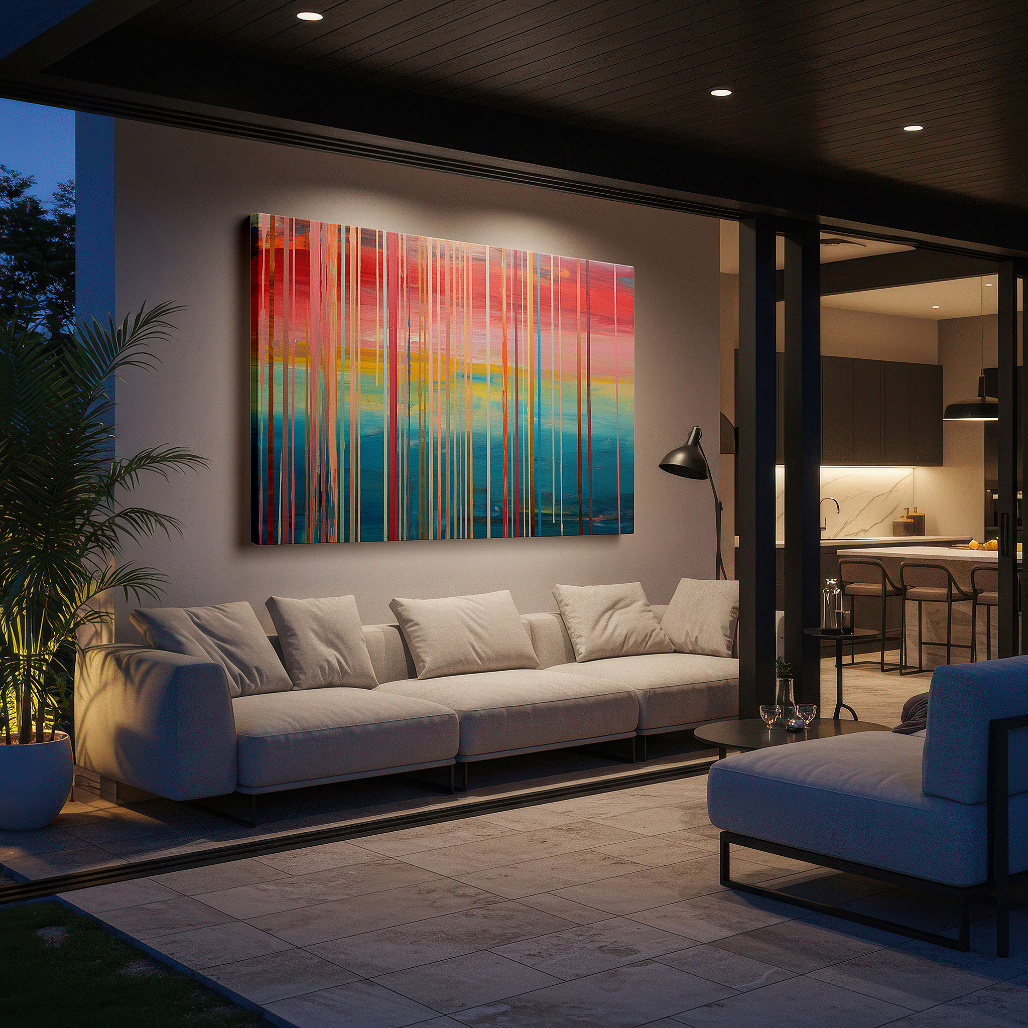Aligned with a curated gallery wall of abstract artworks — a stunning display of vibrant reds and serene blues in abstract expressionism large wall art, canvas wall art, wall decor for office and bedroom