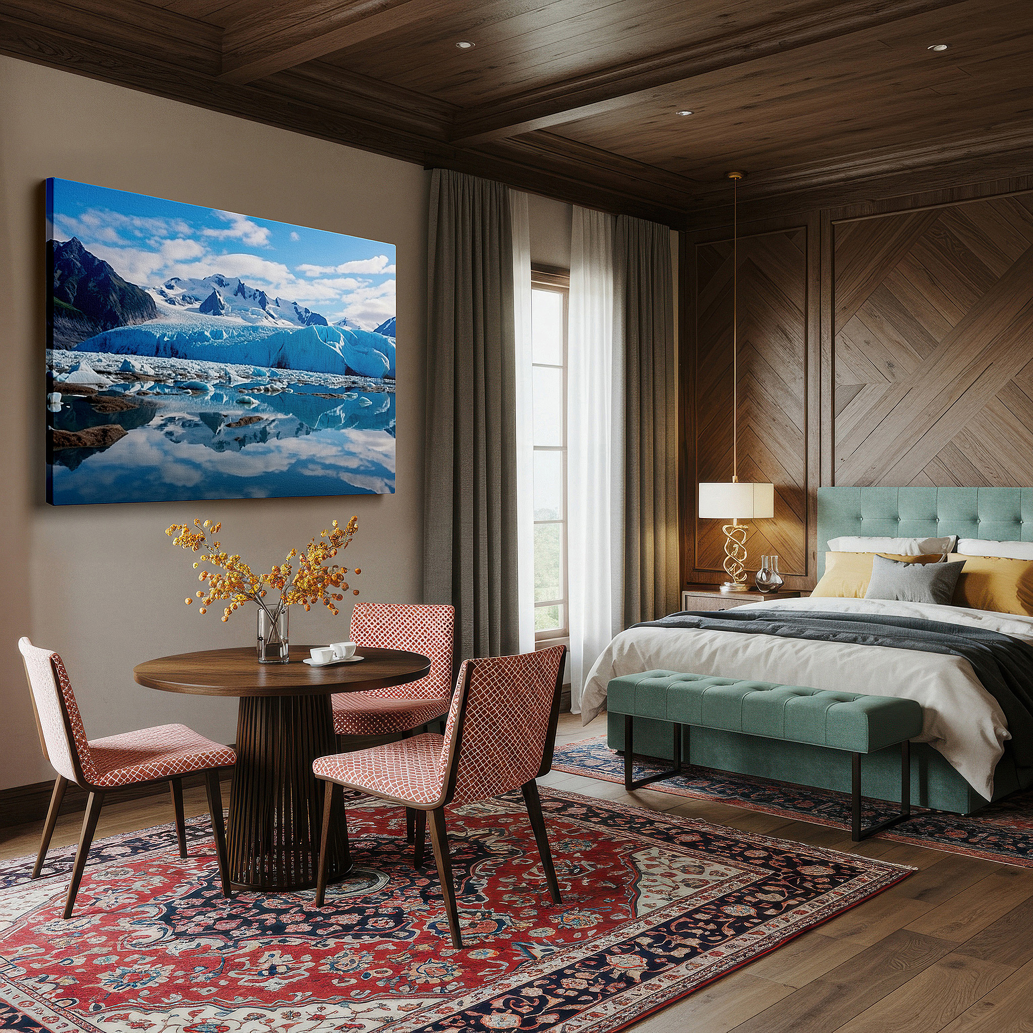 Aligned with a curated gallery wall of abstract artworks — stunning glacier reflections in peaceful waters surrounded by lofty mountains - large canvas wall art for office and bedroom decor