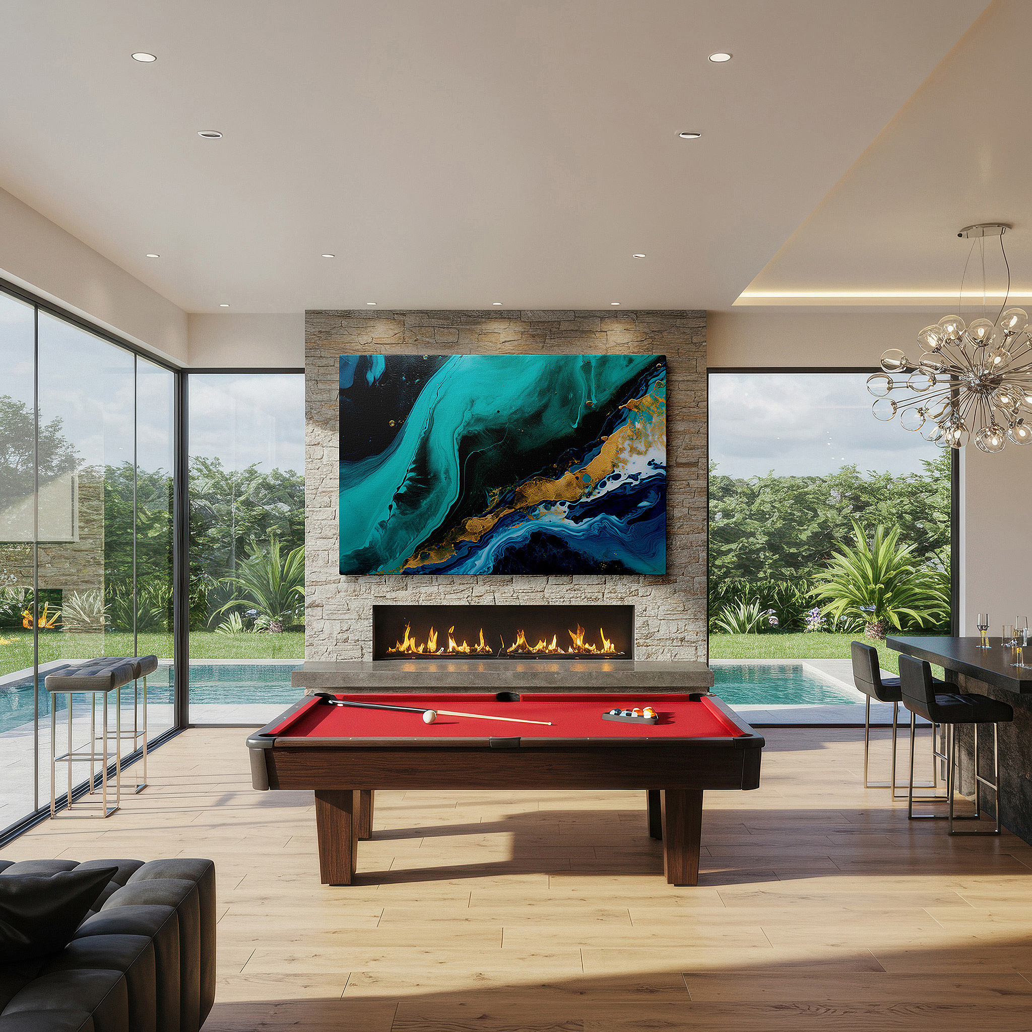 Aligned with a curated gallery wall of abstract artworks — stunning turquoise and black wall art with elegant gold accents, large canvas decor for office and bedroom