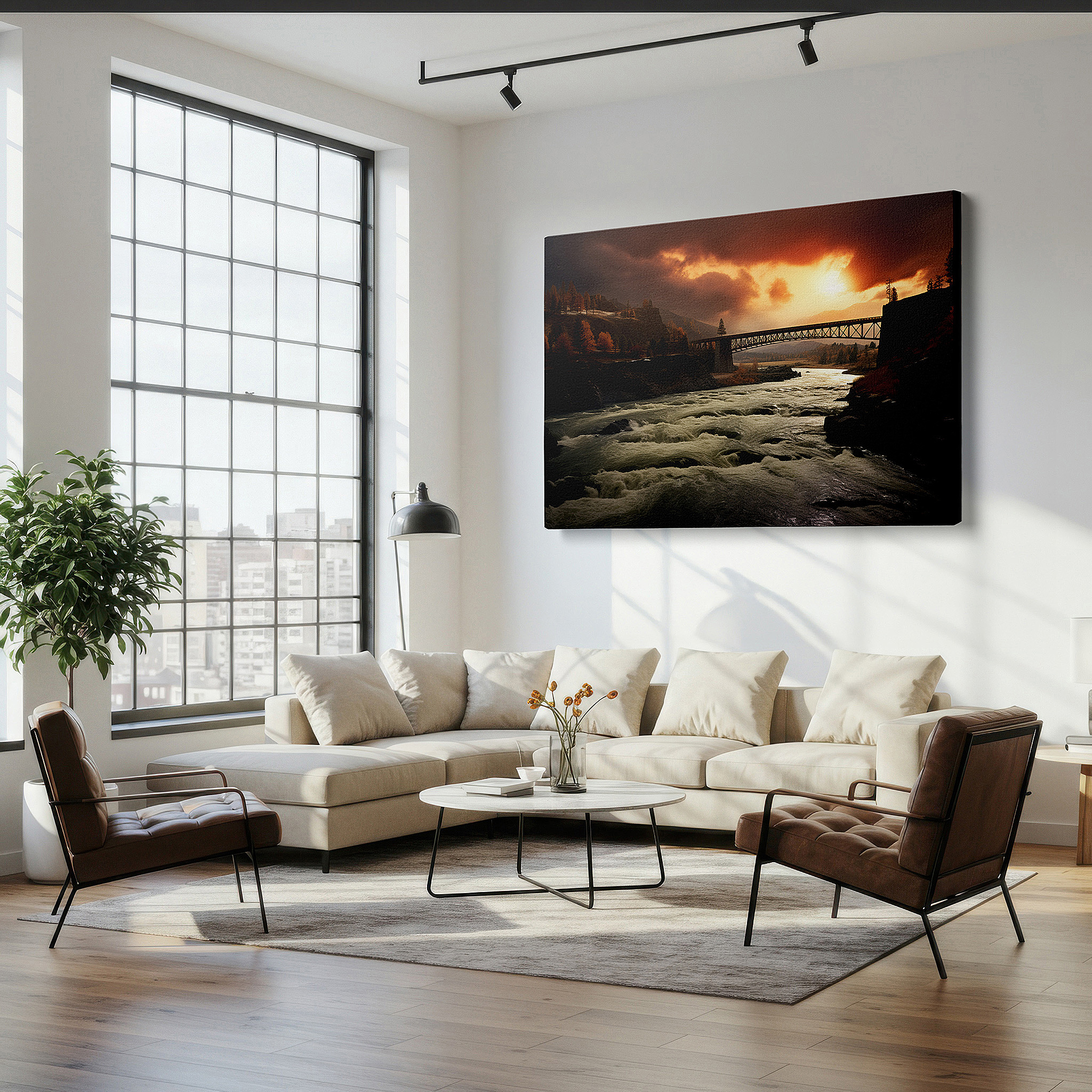 Aligned with a curated gallery wall of abstract artworks — sunset blaze over the vigorous river and majestic bridge wall art - large canvas for office, bedroom, and living room decor