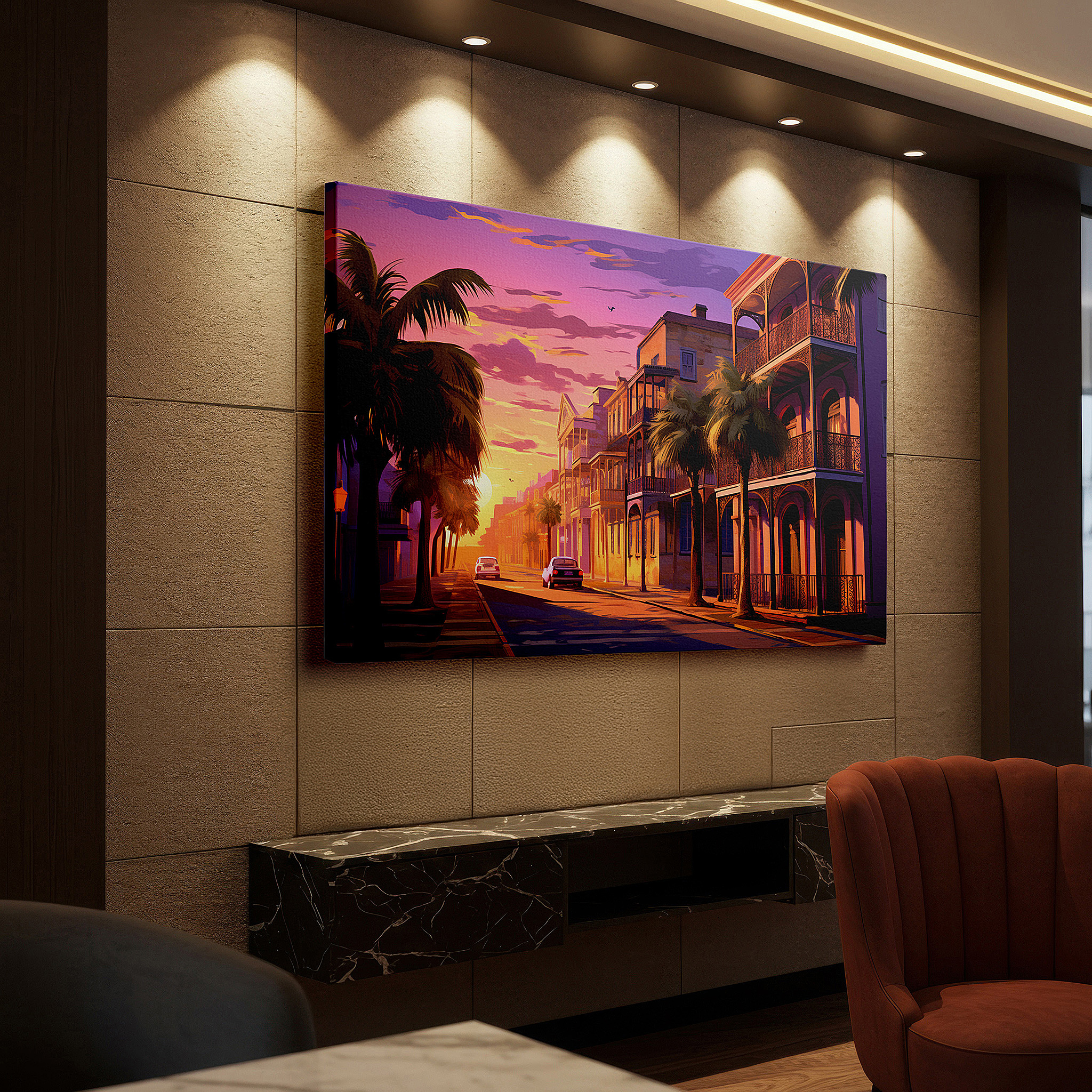 Aligned with a curated gallery wall of abstract artworks — sunset glow over a historic southern coastal town, serene street scene with tropical flair, large canvas wall art for office decor