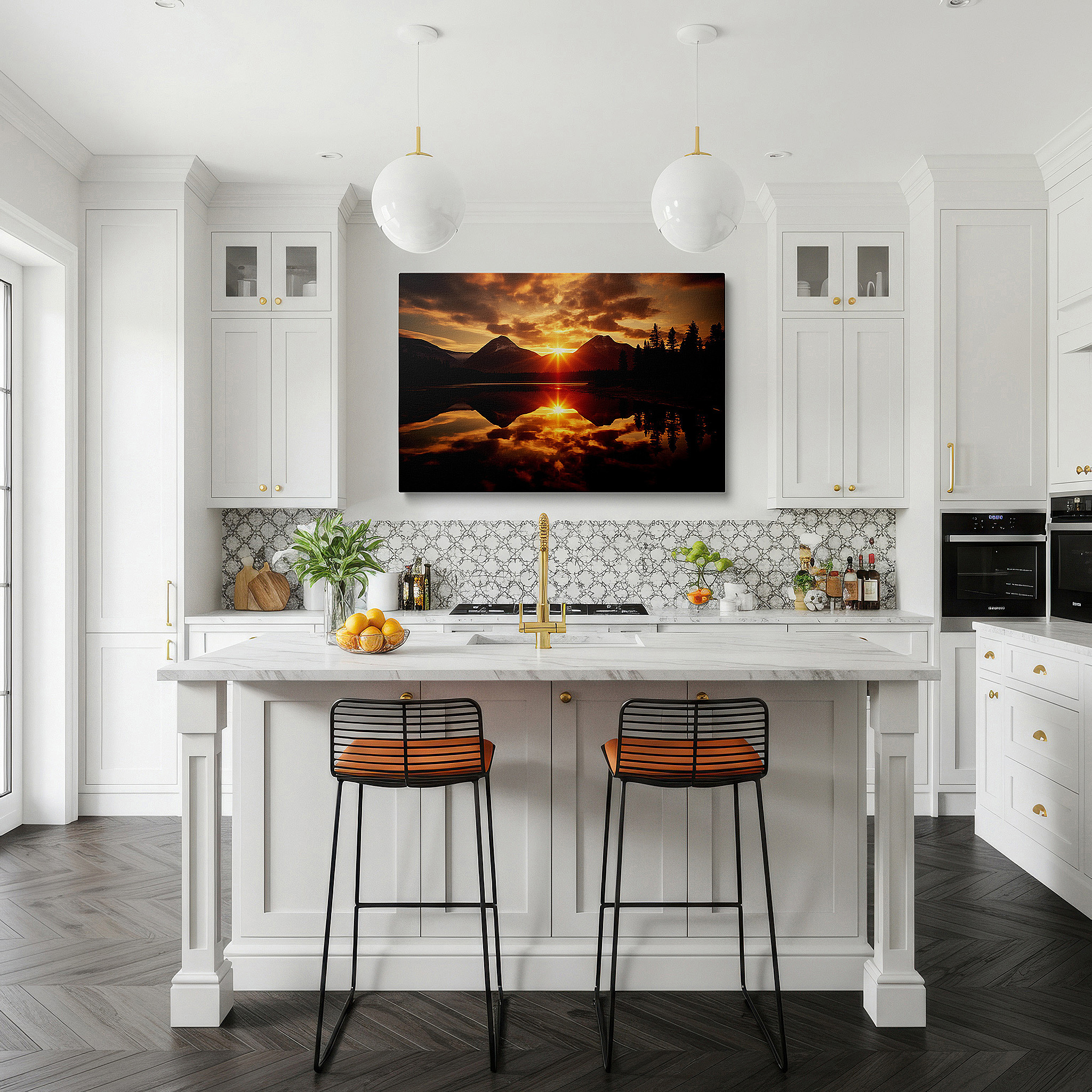 Aligned with a curated gallery wall of abstract artworks — sunset serenity over tranquil lake with majestic mountain reflections: large canvas wall art for office and bedroom decor