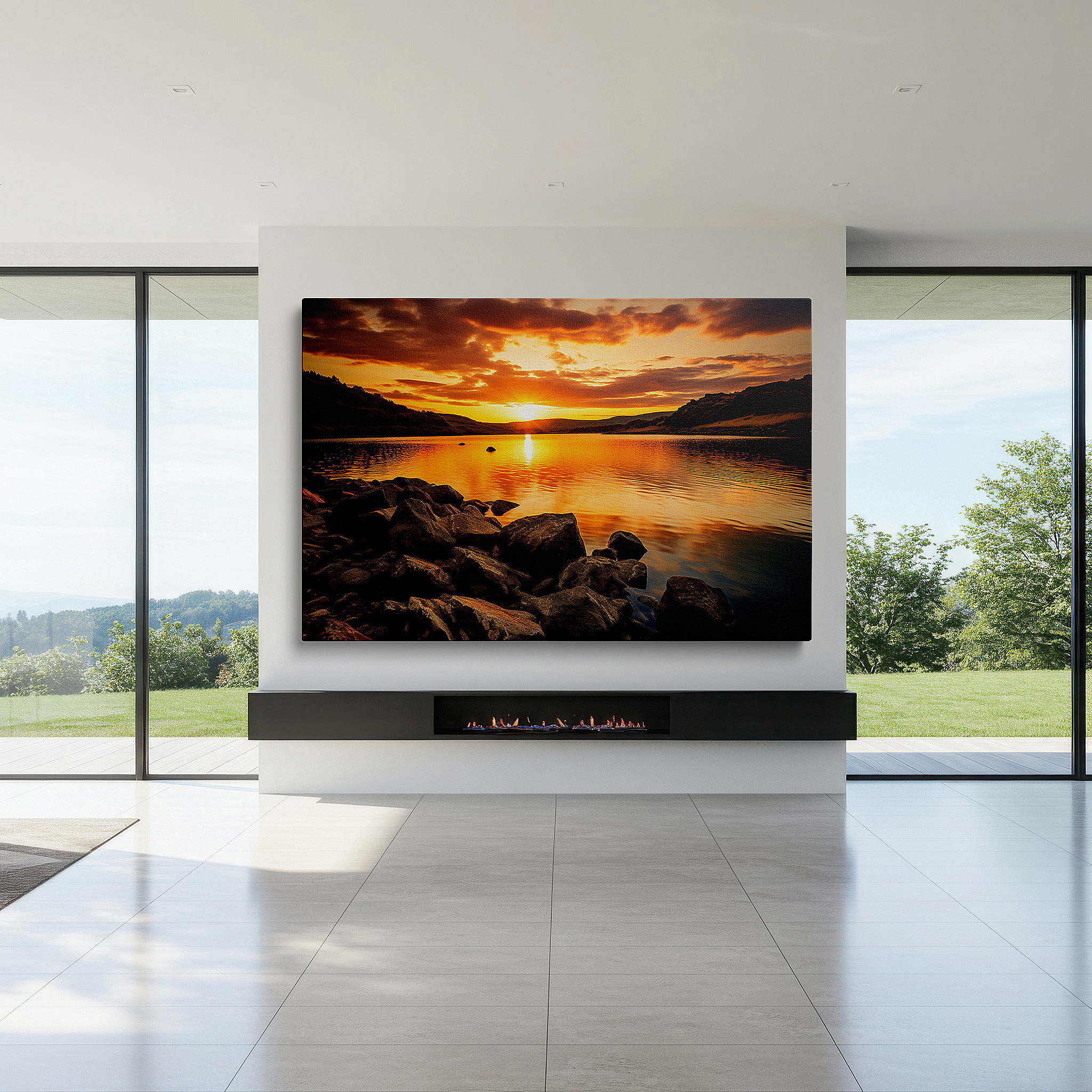Aligned with a curated gallery wall of abstract artworks — sunset over tranquil lake - serene nature reflections large wall art, canvas wall art, wall decor for office and bedroom