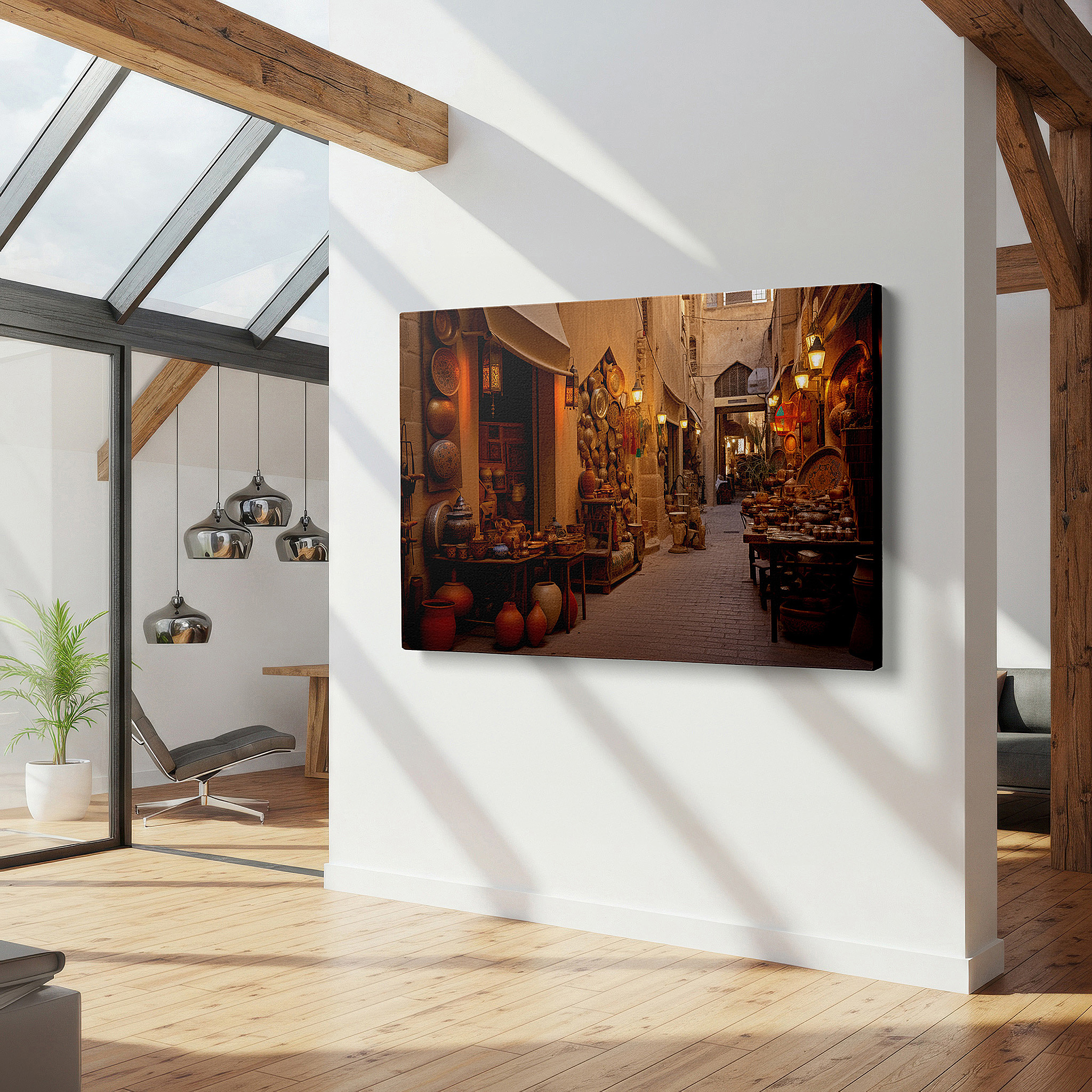 Aligned with a curated gallery wall of abstract artworks — timeless marketplace ambiance, warm and welcoming cultural scene large wall art, canvas wall art, wall decor for office and bedroom