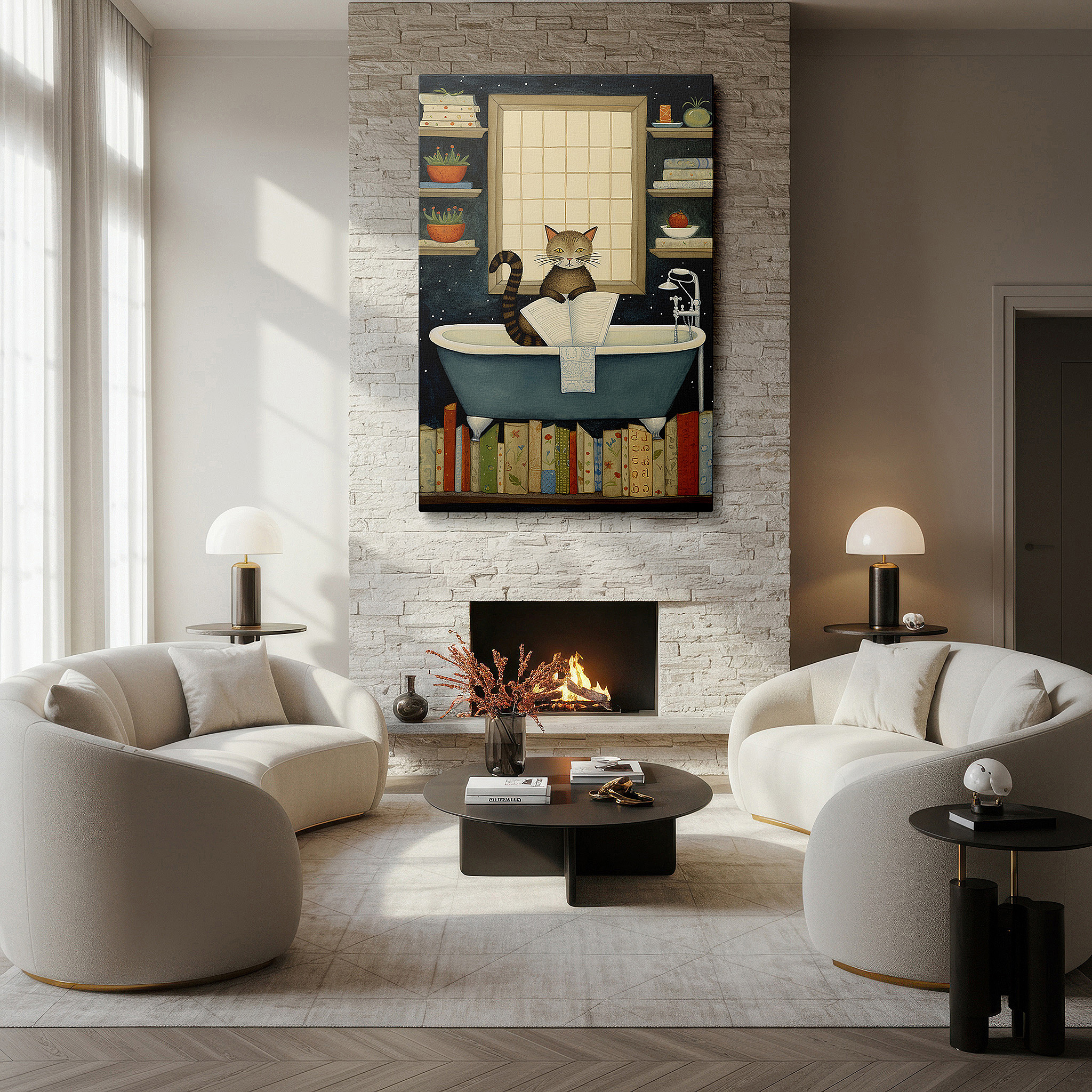 Aligned with a curated gallery wall of abstract artworks — tranquil bathing cat immersed in reading surrounded by lush greenery - large canvas wall art for office and bedroom decor