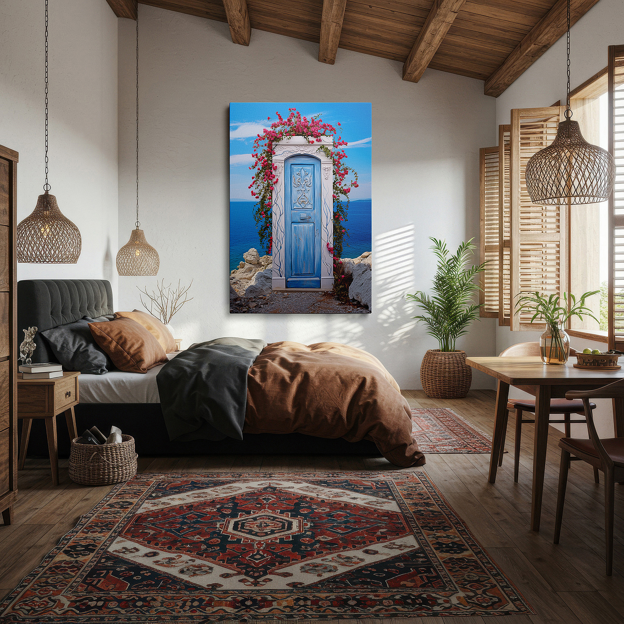 Aligned with a curated gallery wall of abstract artworks — tranquil doorway canvas with vibrant flowers and ocean views - large wall art for living room, bedroom, or office decor