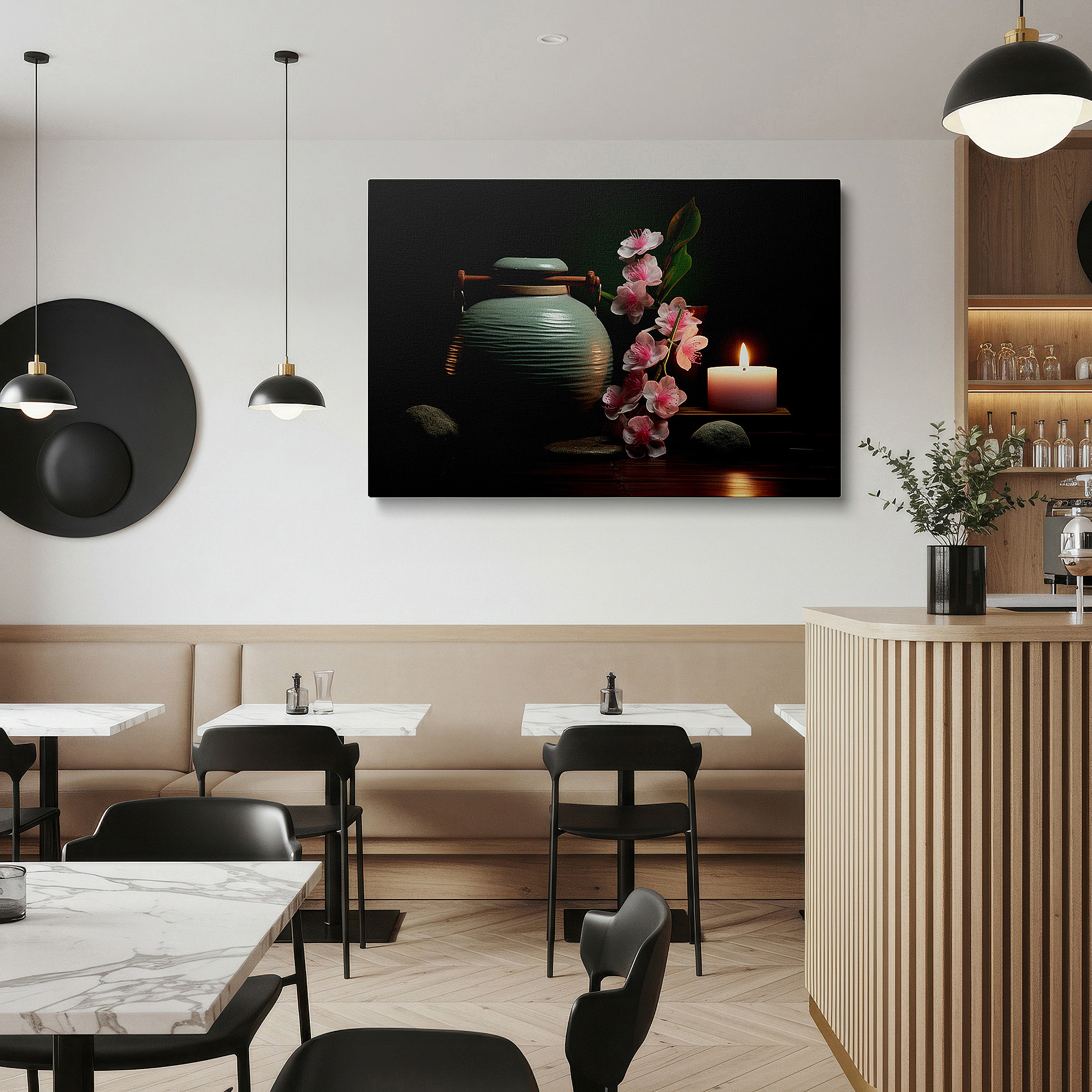 Aligned with a curated gallery wall of abstract artworks — tranquil green vase and pink blooms with candle glow: large canvas wall art for office, bedroom, and living room decor