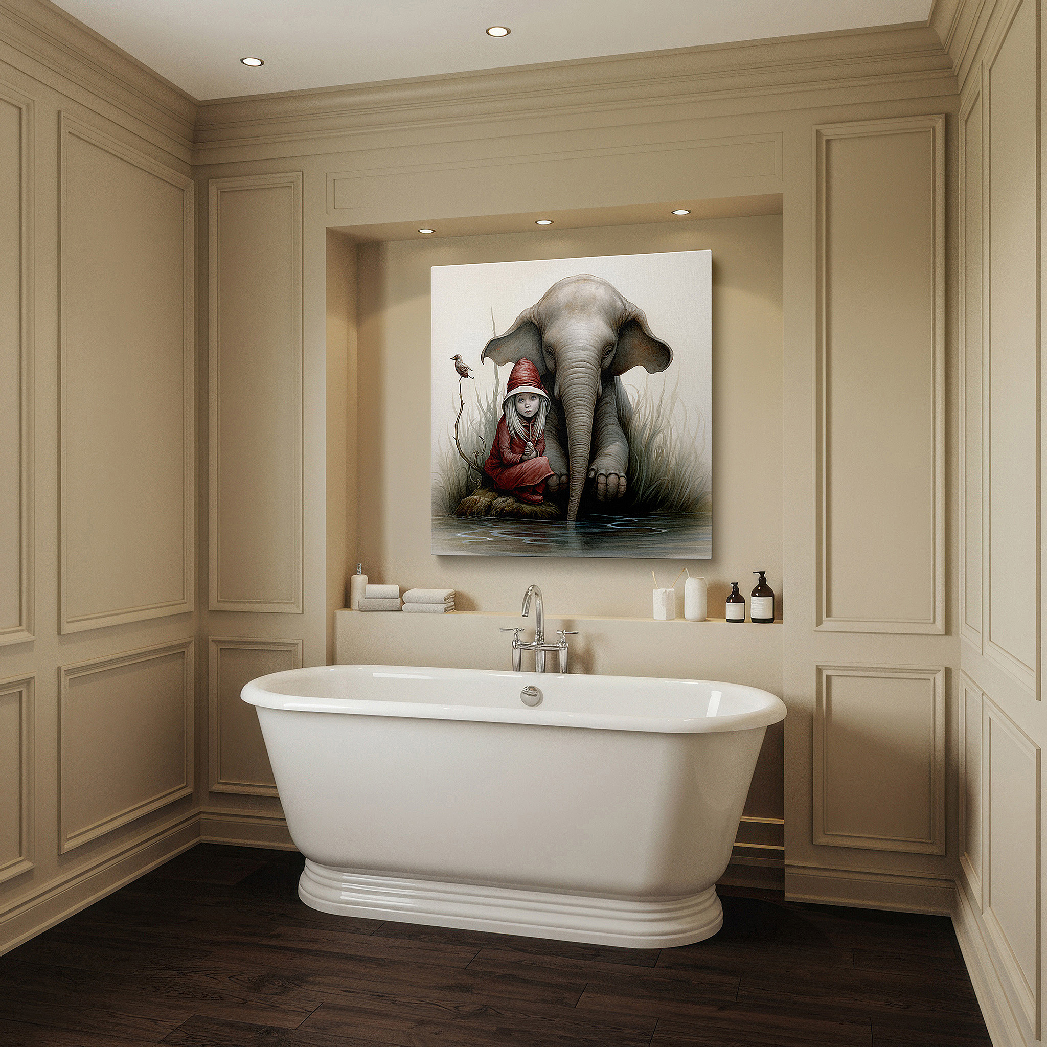Aligned with a curated gallery wall of abstract artworks — tranquil moments by the water: featuring a young girl and majestic elephant - large canvas wall art for office and bedroom decor