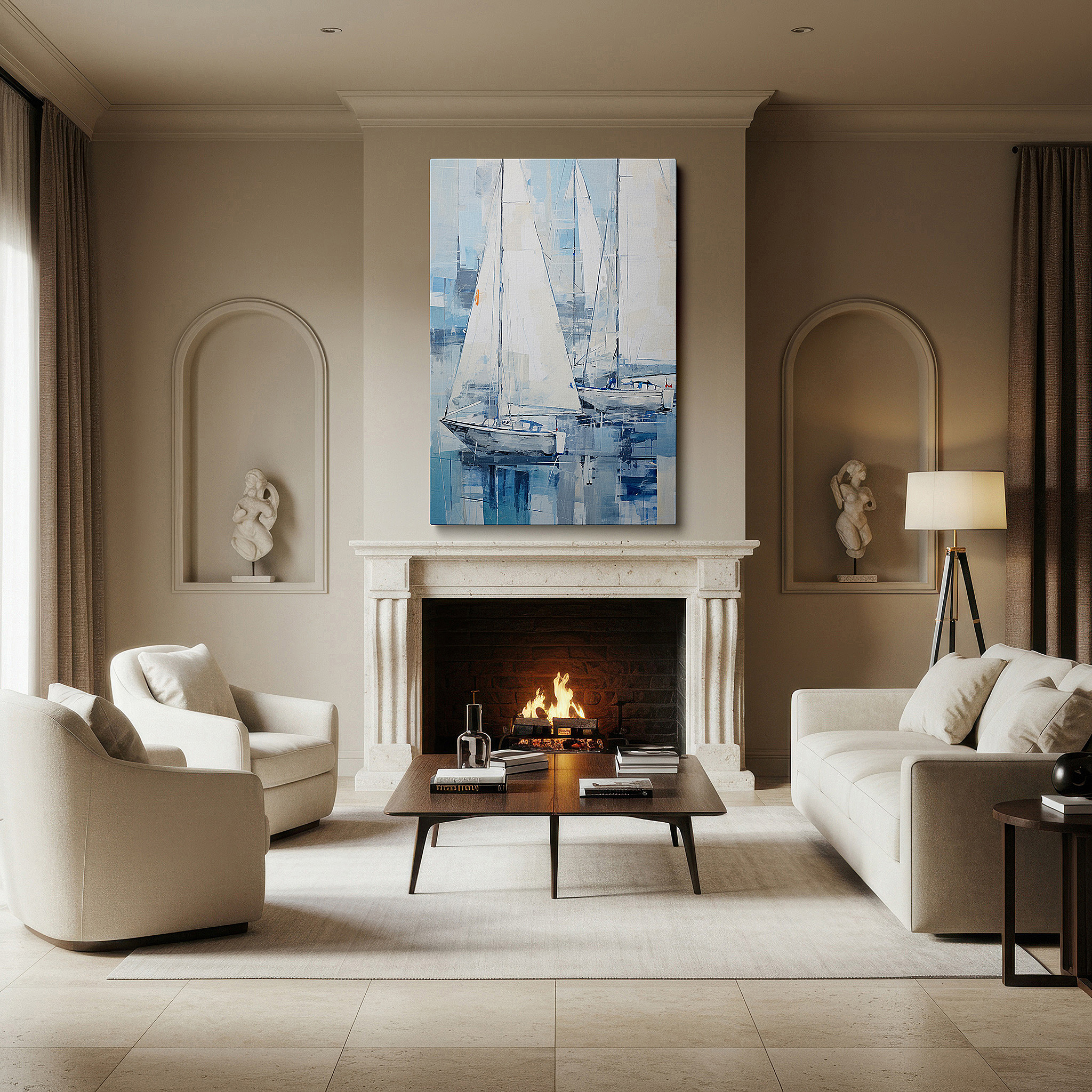 Aligned with a curated gallery wall of abstract artworks — tranquil sailing adventure - serene nautical large wall art, canvas decor for office and bedroom