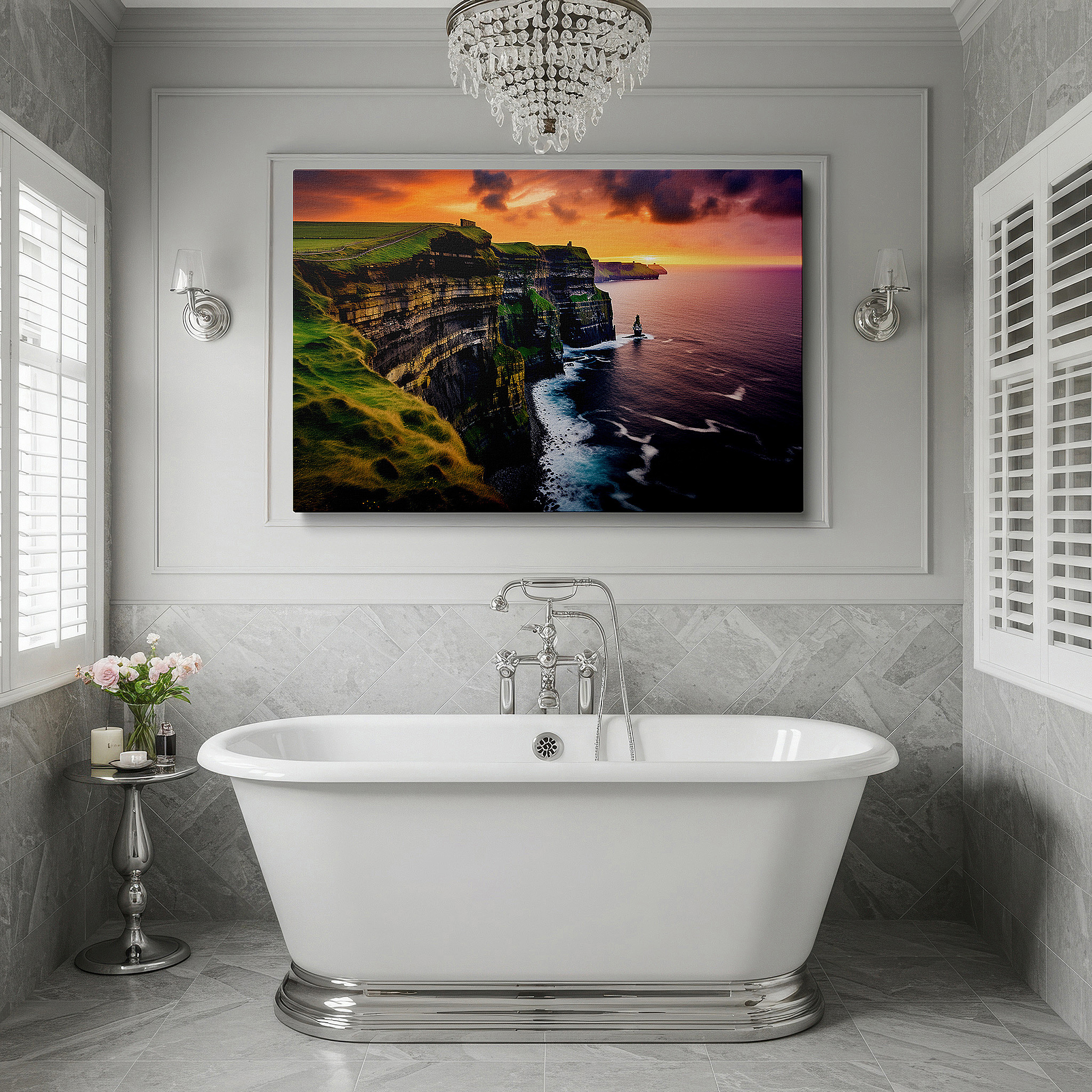 Aligned with a curated gallery wall of abstract artworks — twilight majesty: cliffs overlooking the serene ocean - large canvas wall art for office, bedroom, and living room decor
