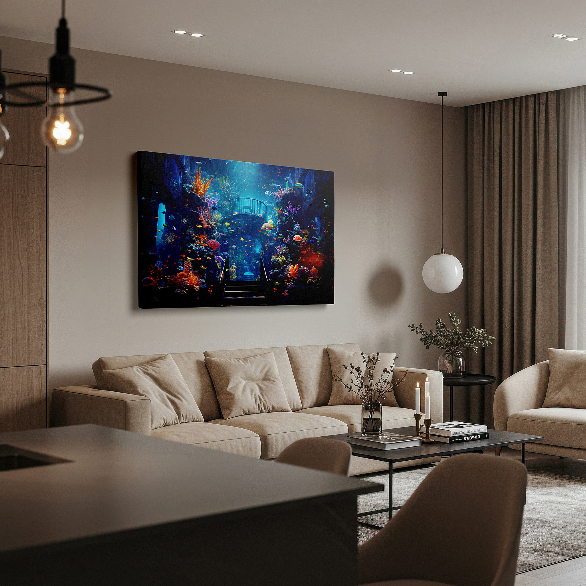 Aligned with a curated gallery wall of abstract artworks — underwater serenity wall art: explore the vibrant marine life and coral reefs in a mesmerizing deep sea journey - large canvas wall art for home and office decor