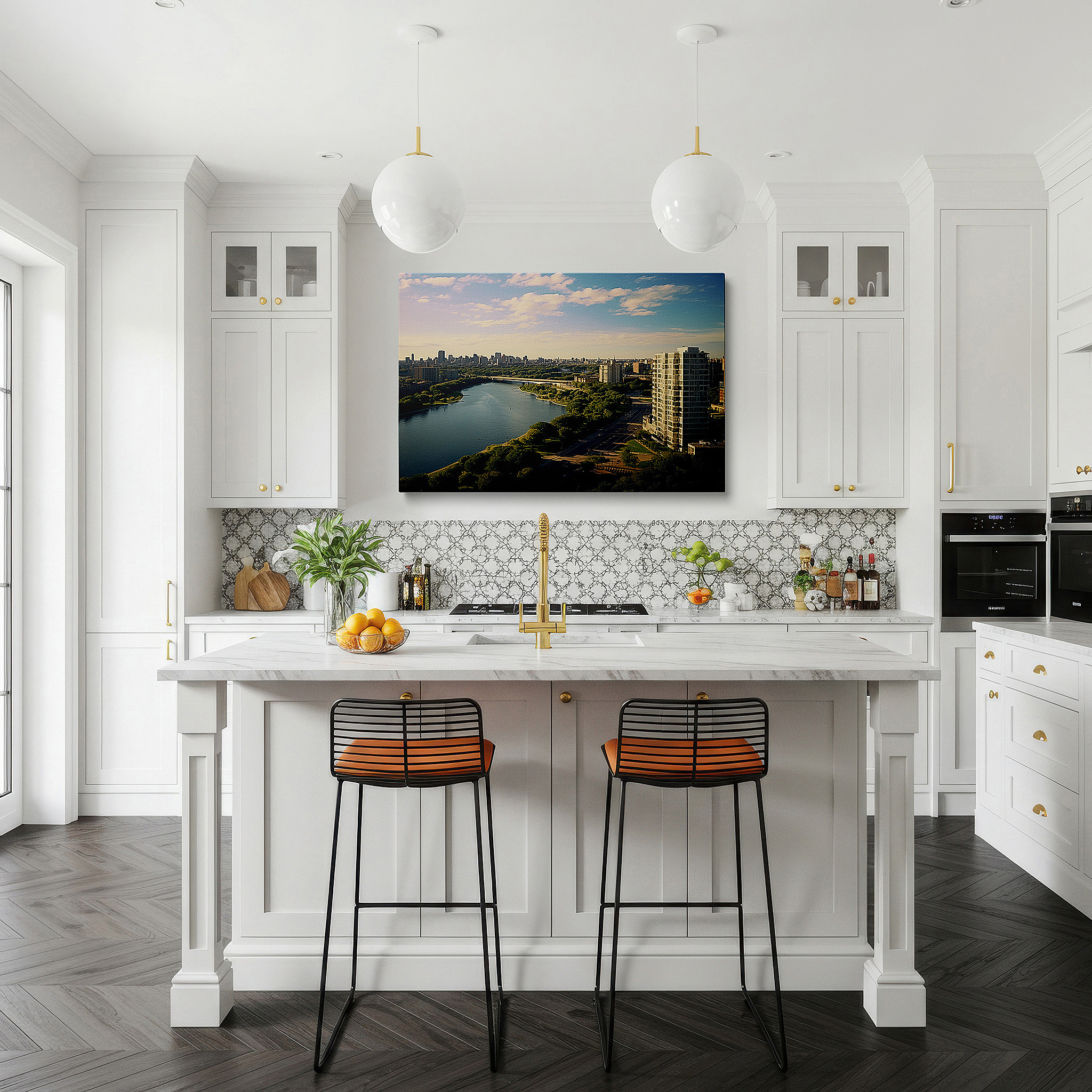 Aligned with a curated gallery wall of abstract artworks — urban and green spaces aerial cityscape: dynamic skyscrapers and nature large wall art, canvas wall art, wall decor for office