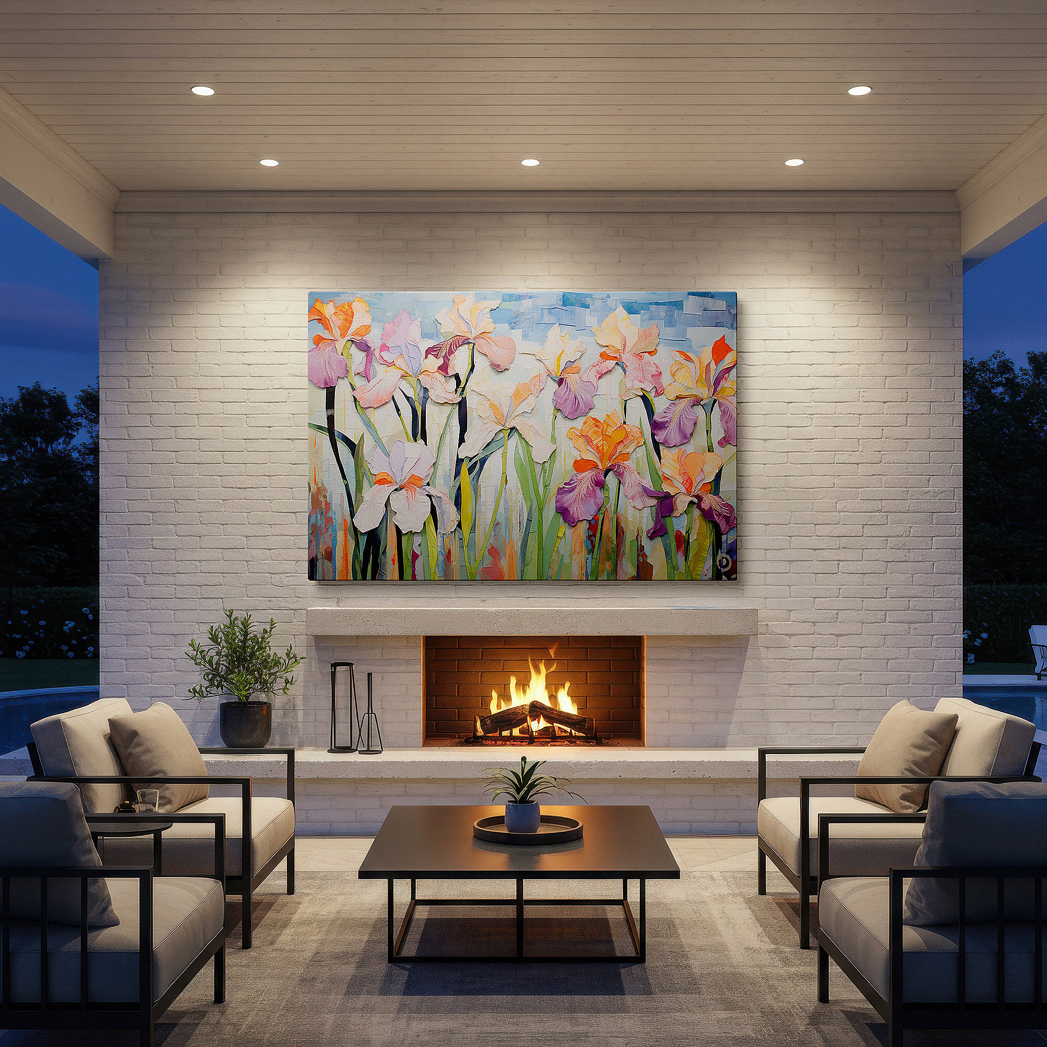 Aligned with a curated gallery wall of abstract artworks — vibrant abstract irises in pink, orange, and purple - dynamic floral beauty large wall art, canvas wall art, wall decor for office
