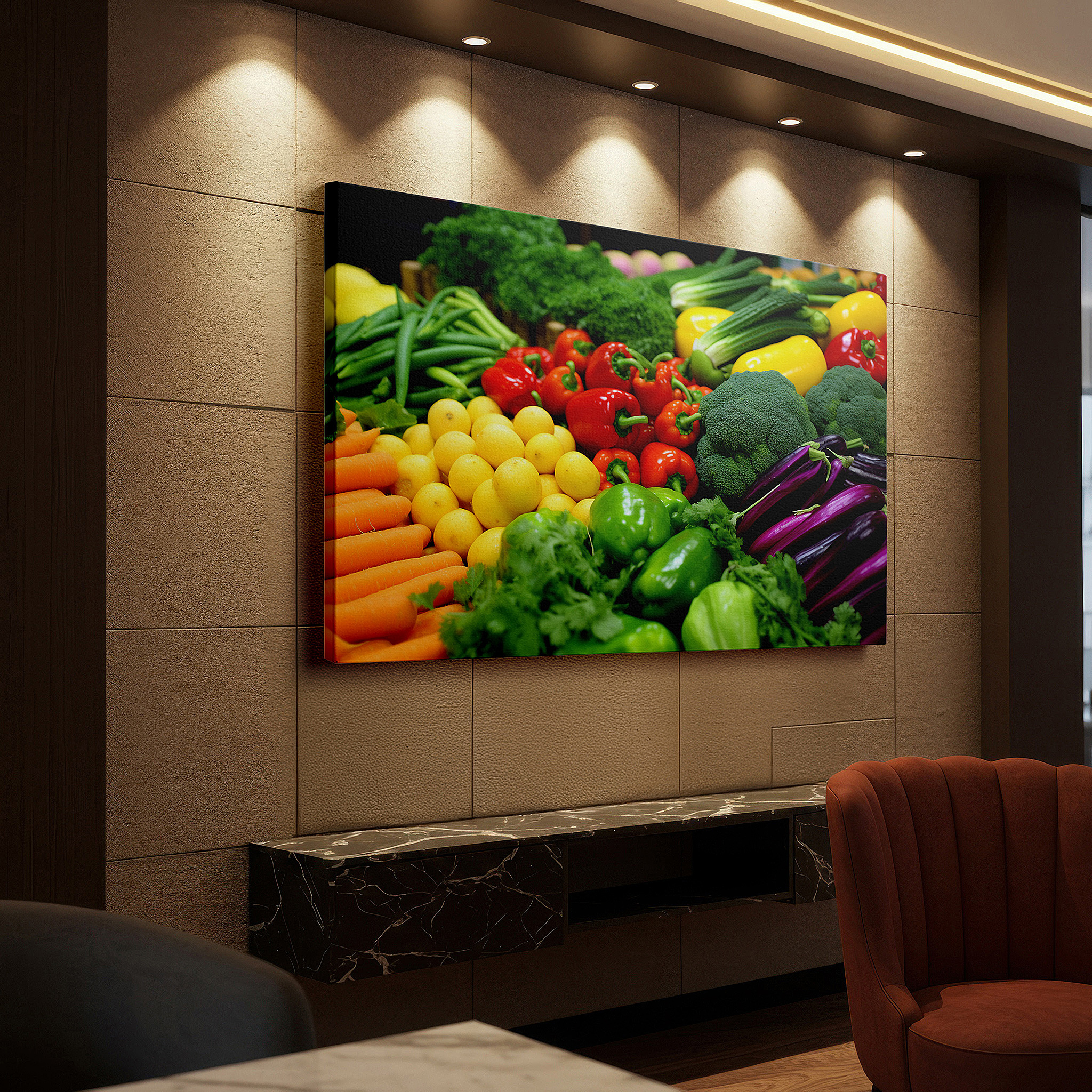 Aligned with a curated gallery wall of abstract artworks — vibrant vegetable celebration: colorful and textured large wall art for offices, bedrooms, and living spaces