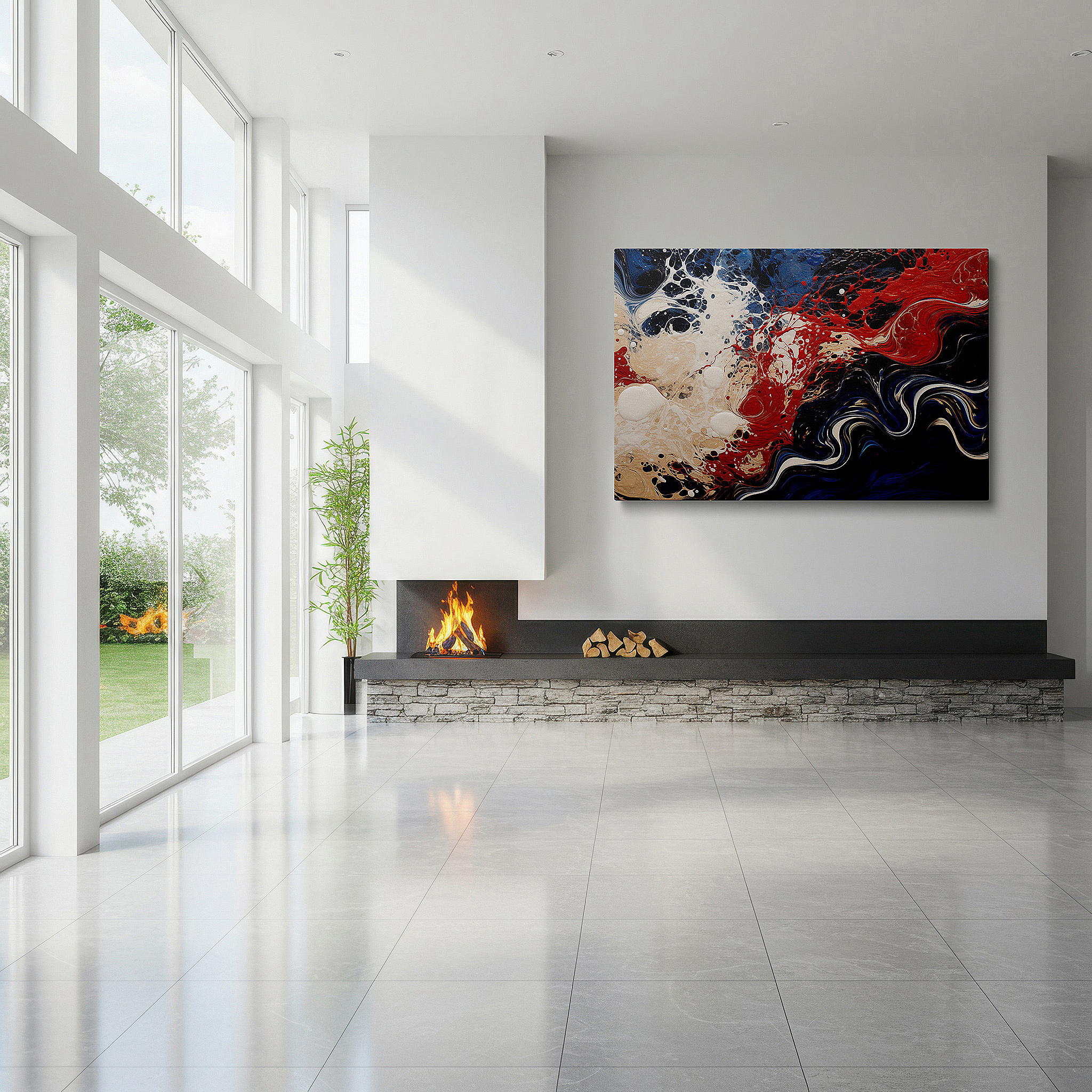 Aligned with a curated gallery wall of abstract artworks — a vivid display of reds, blues, and whites: celebrating motion and emotion - large wall art, canvas wall art, wall decor for offices