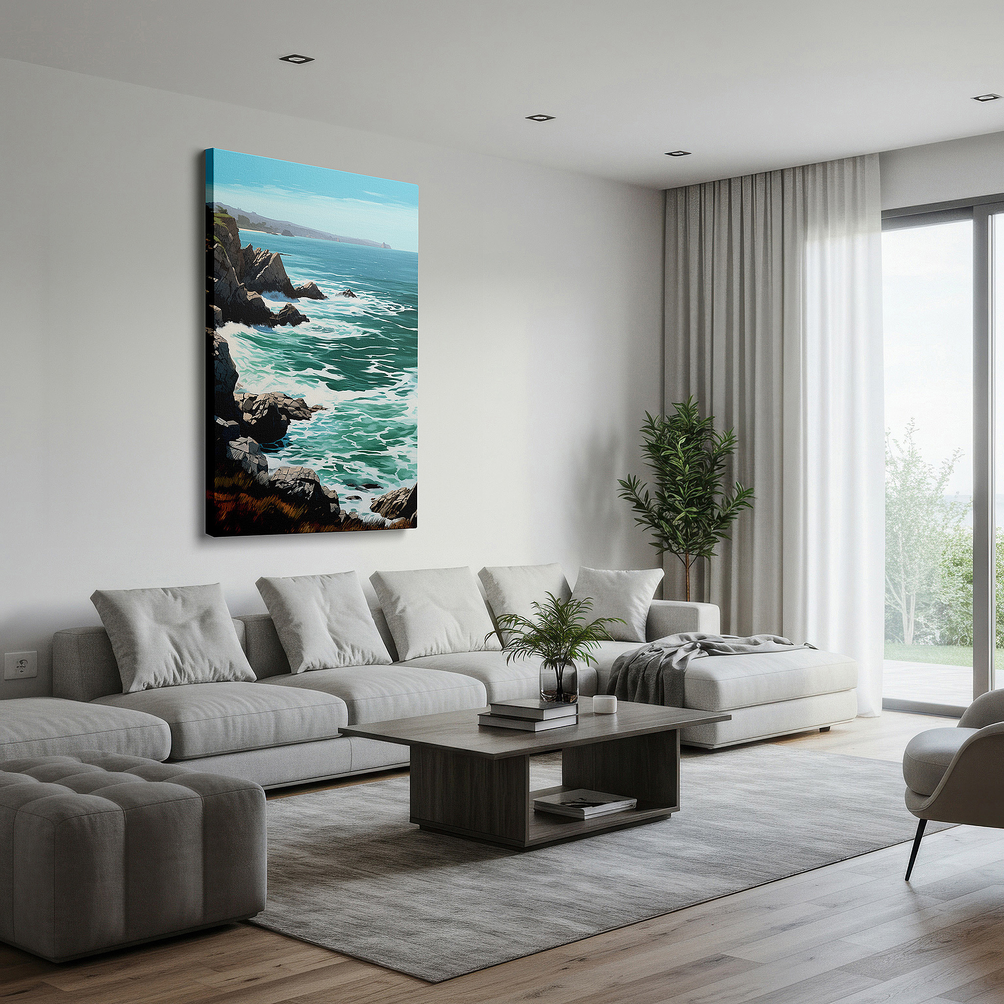 Aligned with a curated gallery wall of abstract artworks — vivid ocean waves crashing on rugged rocks large canvas wall art for office and bedroom decor