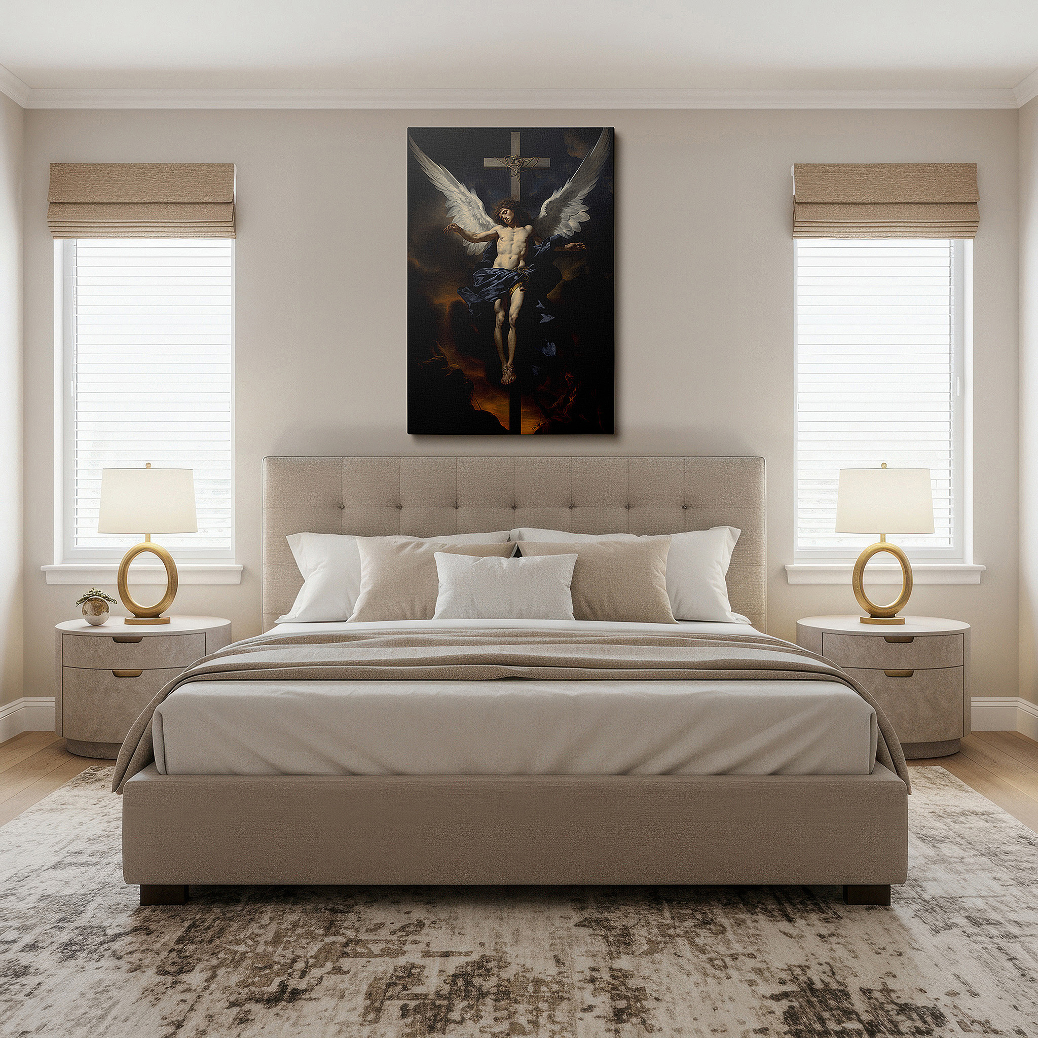 Aligned with a curated gallery wall of abstract artworks — wall art: "angelic sacrifice amidst stormy skies" - a divine interplay of light and darkness. large canvas wall art for office and bedroom decor