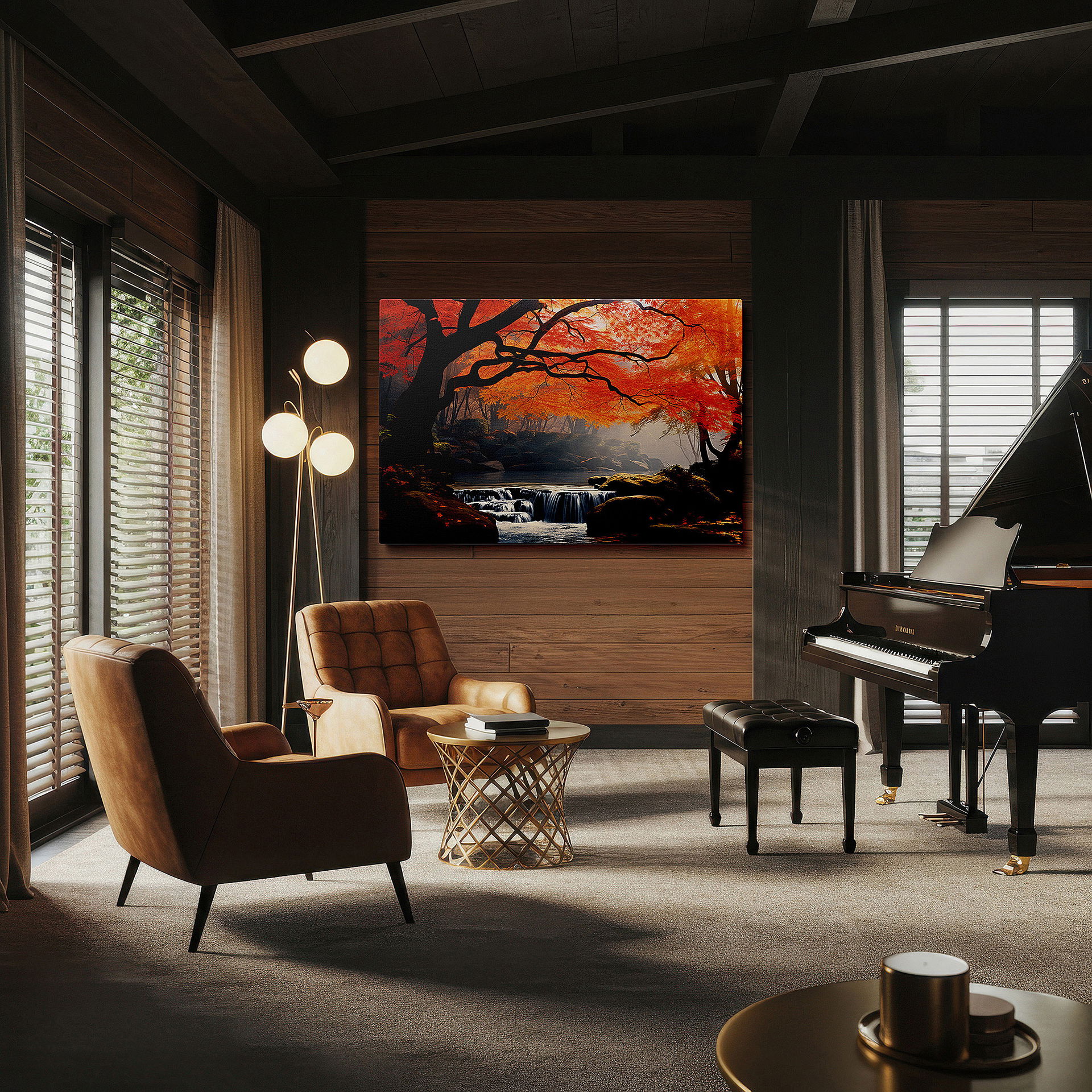 Aligned with a curated gallery wall of abstract artworks — wall art: "autumn's embrace" - tranquil stream amidst fiery forest colors, large canvas wall art for office and bedroom decor