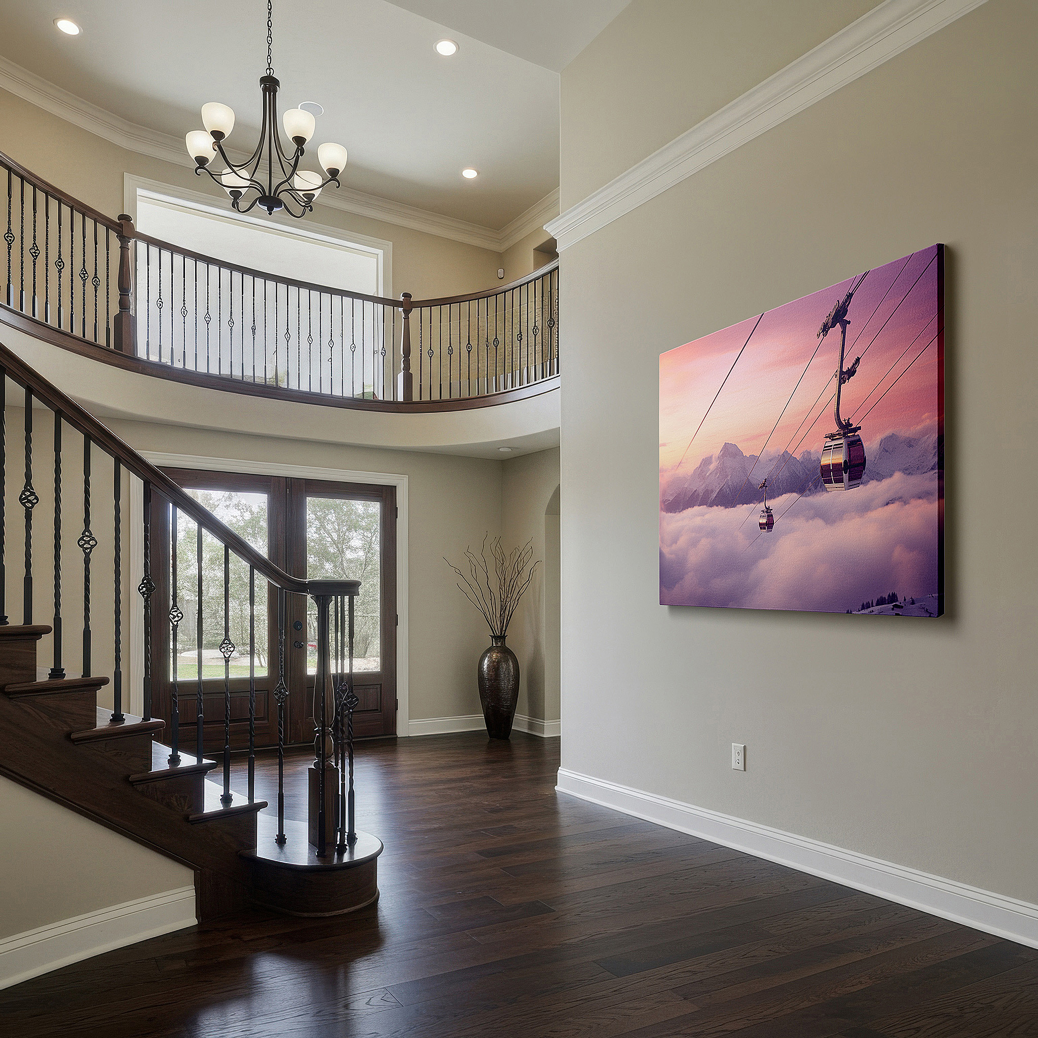 Aligned with a curated gallery wall of abstract artworks — wall art: experience the serene majesty of snowy peaks and gliding gondolas in a winter wonderland - large canvas wall art for office and bedroom decor