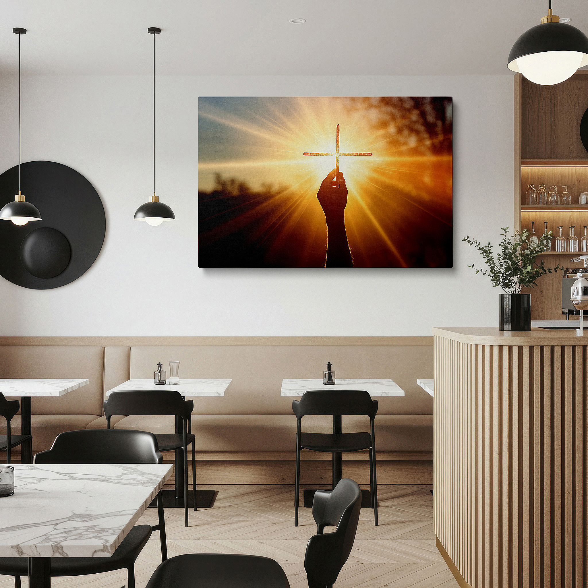 Aligned with a curated gallery wall of abstract artworks — wall art: hand holding cross at sunset - symbolizing faith and renewal, large canvas wall art for office and bedroom decor