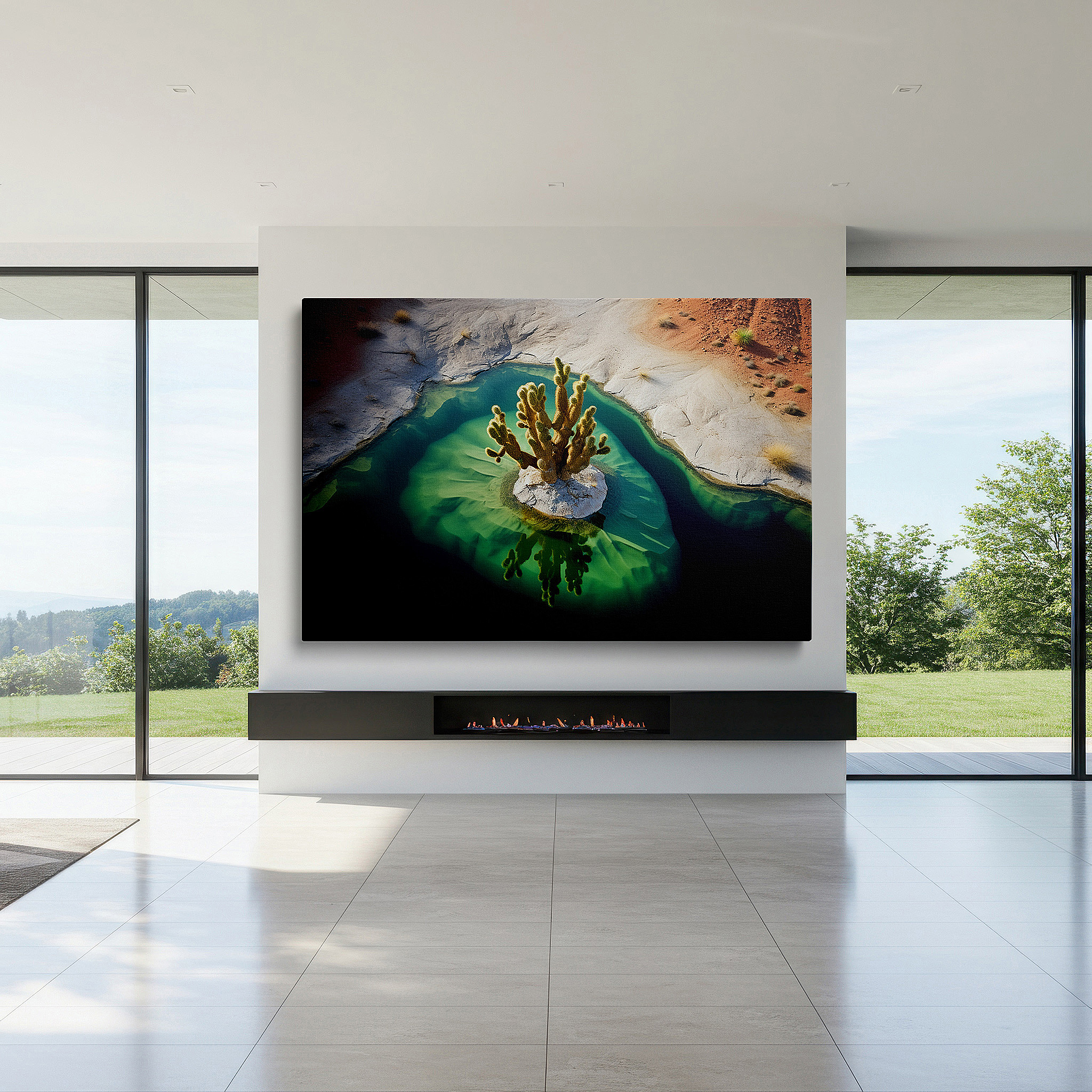 Aligned with a curated gallery wall of abstract artworks — wall art: lone cactus on a rocky island surrounded by turquoise waters - emblem of resilience and elegance. large canvas wall art for home and office decor.